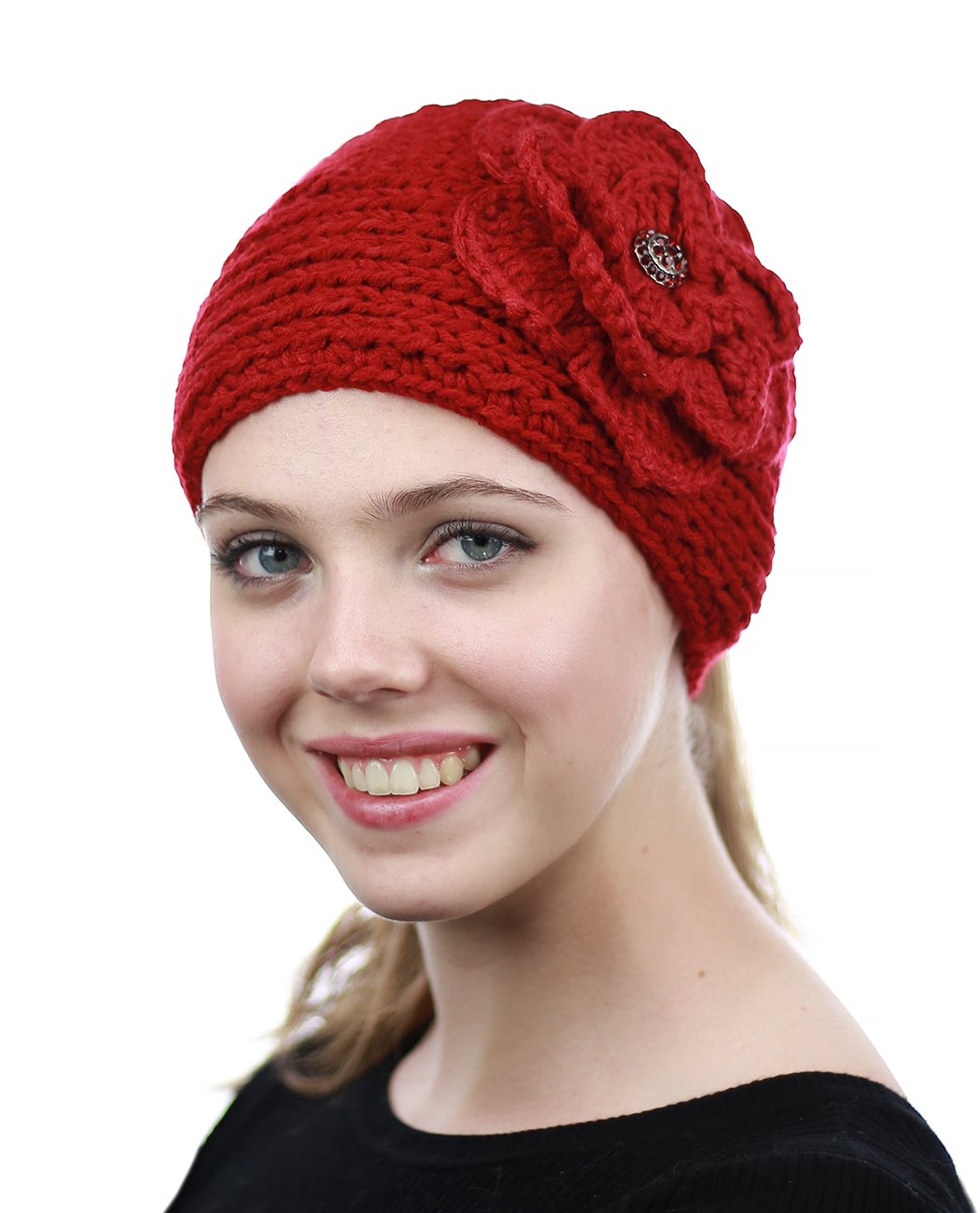 NYFASHION101 Stone Accent Hand Knitted Flower Winter Headband - Warm Knit Headwrap for Women - Perfect for Cold Weather, Outdoor Activities & Fashion Accessories
