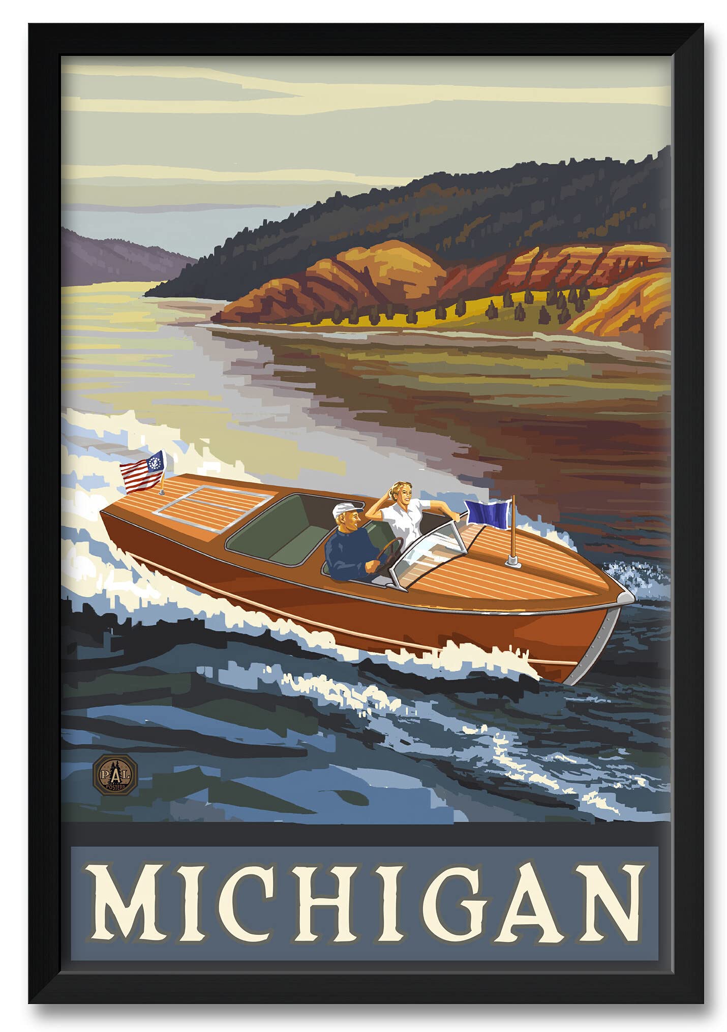 Michigan Woodie Boat Lake Framed Art Print - 26x38 Inch Vintage Travel Artwork by Paul A. Lanquist - Perfect for Lake House, Nautical & Coastal Home Decor