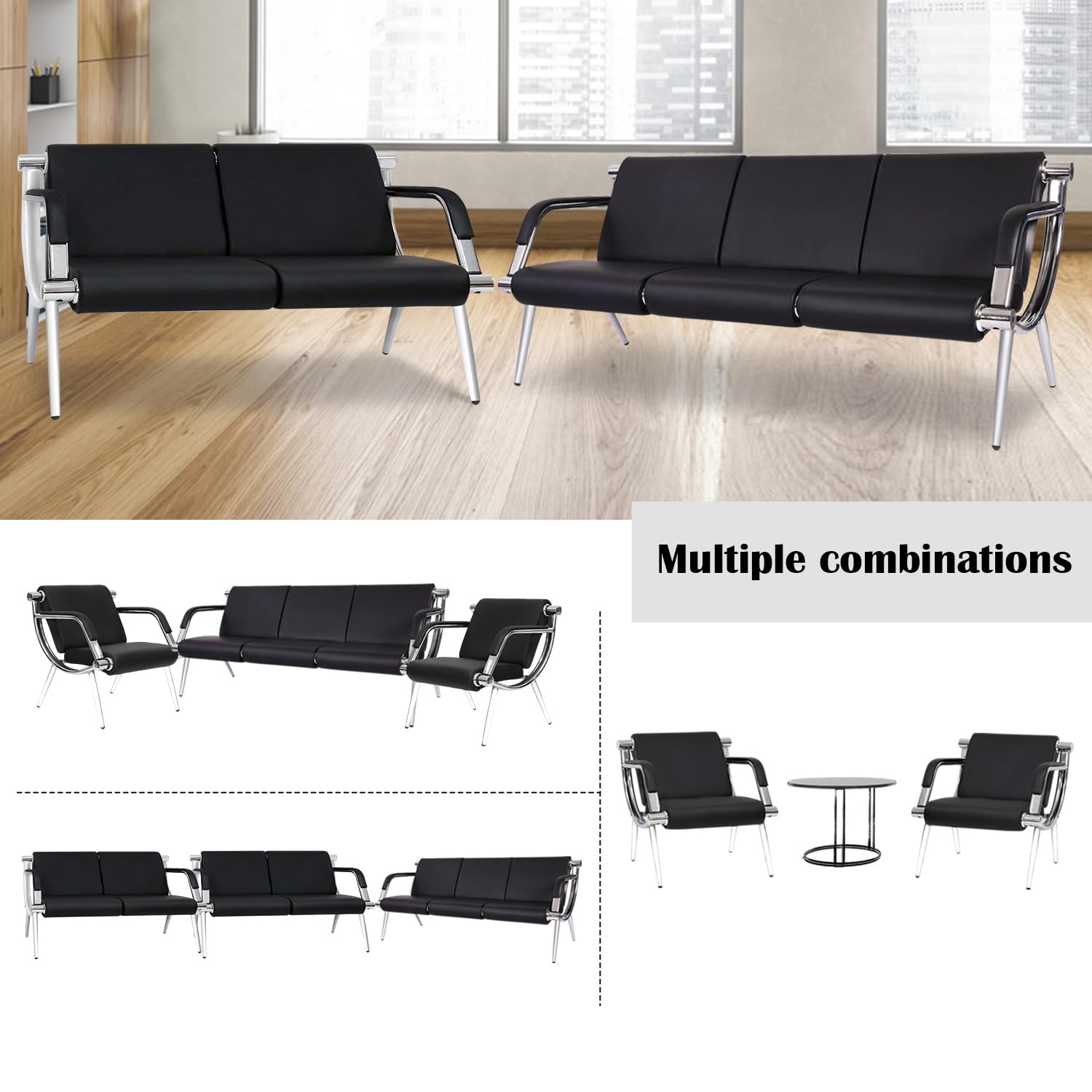 Kinsuite 2-Pack Black PU Leather Waiting Room Chairs with Arms - Office Guest Chairs, Reception Chairs for Salon, Barber Shop, Airport, Bank & Lobby - Comfortable Seating Solution for Waiting Areas