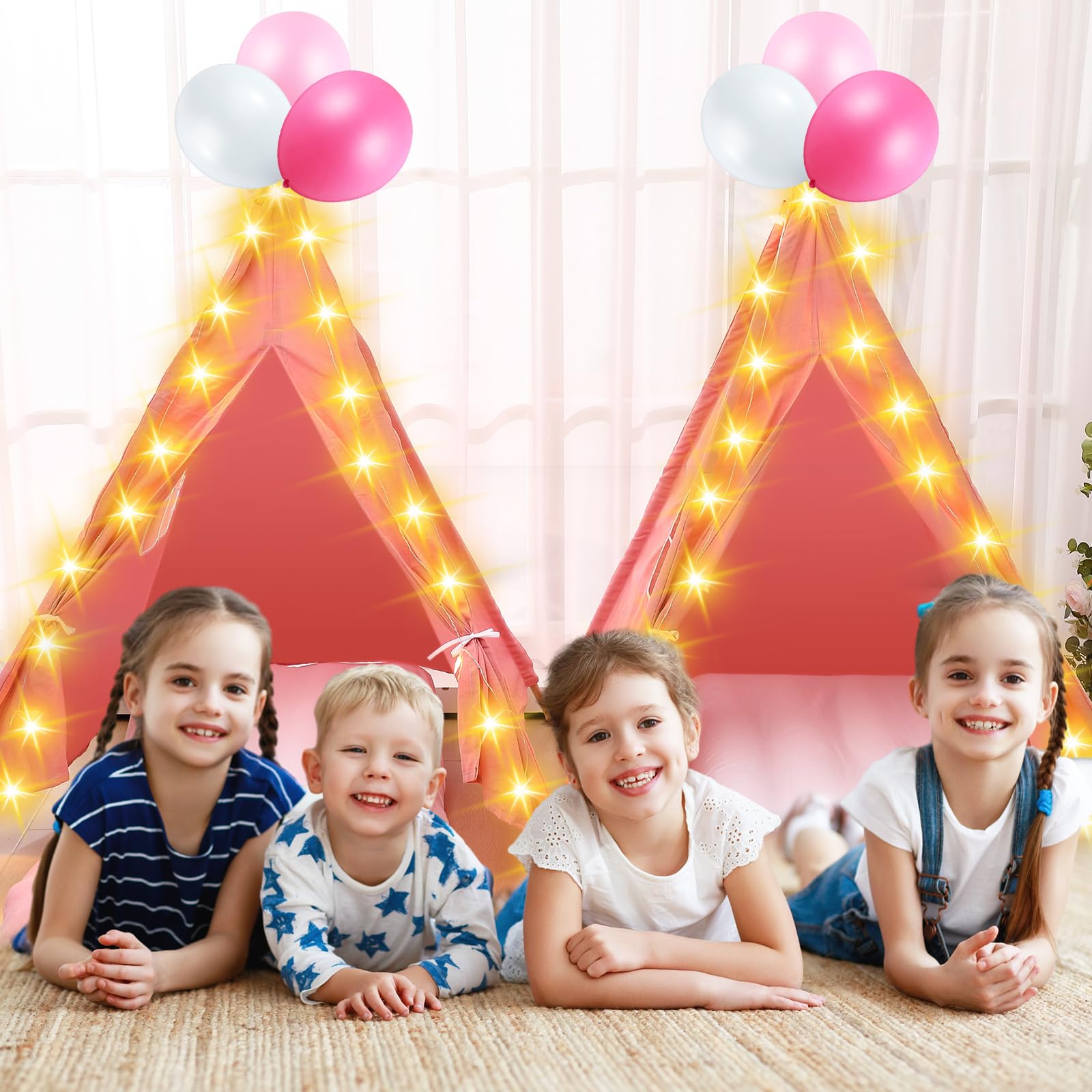 Windyun 6 Pack Kids Teepee Tent Set with LED Lights & Inflatable Air Mattress - 100% Natural Cotton Washable Play Tent for Boys & Girls - Perfect for Indoor Outdoor Playdates, Slumber Parties & Birthday Gifts (Pink)