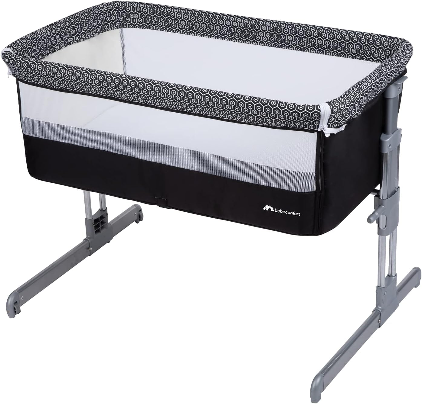 Bebeconfort Calidoo 2-in-1 Baby Crib & Co-Sleeper | 0-6 Months (0-9 kg) | Adjustable 5 Height Positions | Breathable Mesh Panels | Large Padded Mattress | Easy Open Side | Geometric Design | Perfect for Nursery & Bedroom Co-Sleeping