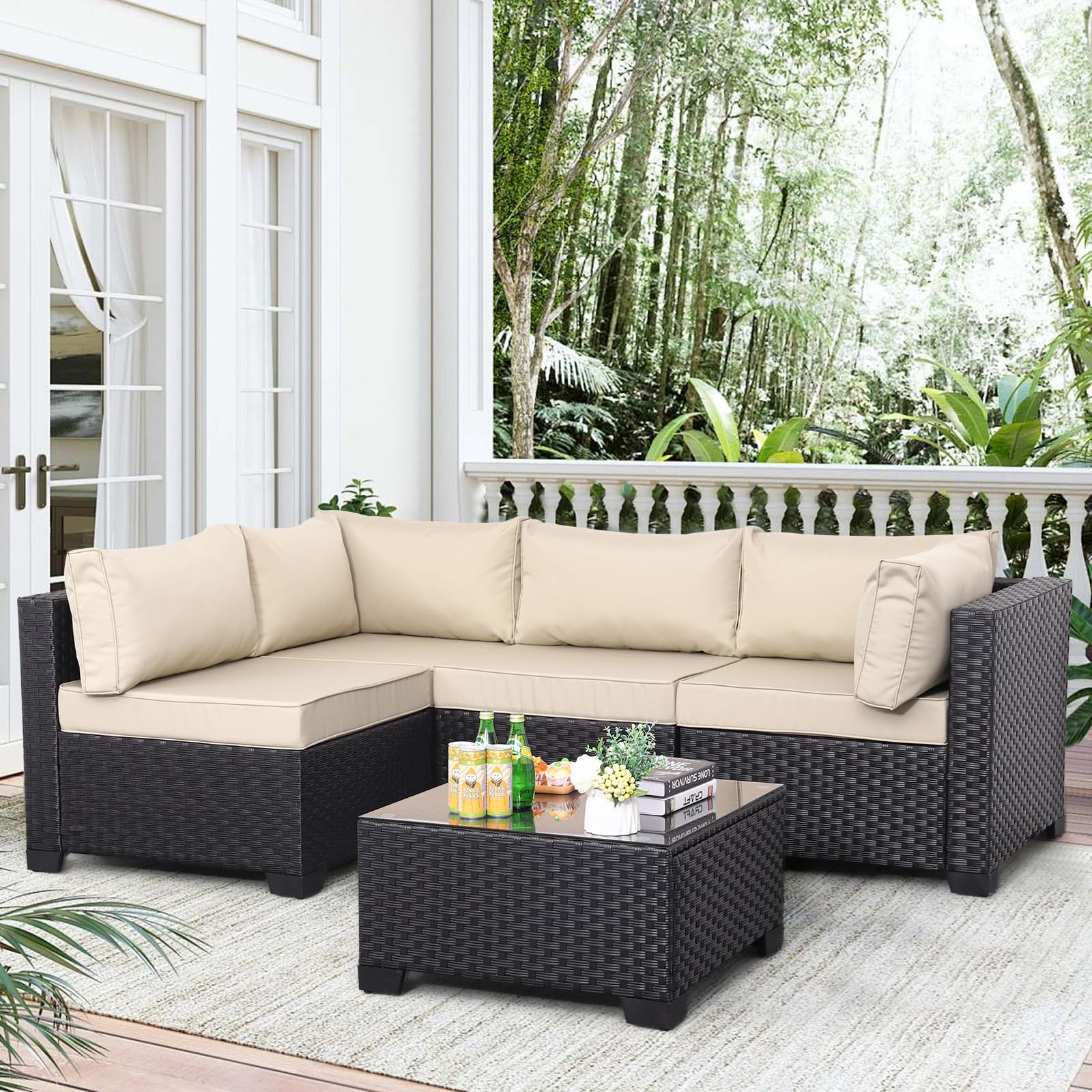 Outdoor Patio PE Wicker 5-Piece Furniture Set - Black Rattan Sectional Sofa with Coffee Table & Khaki Cushions | Durable All-Weather Wicker Conversation Set for Garden, Poolside, or Backyard Relaxation