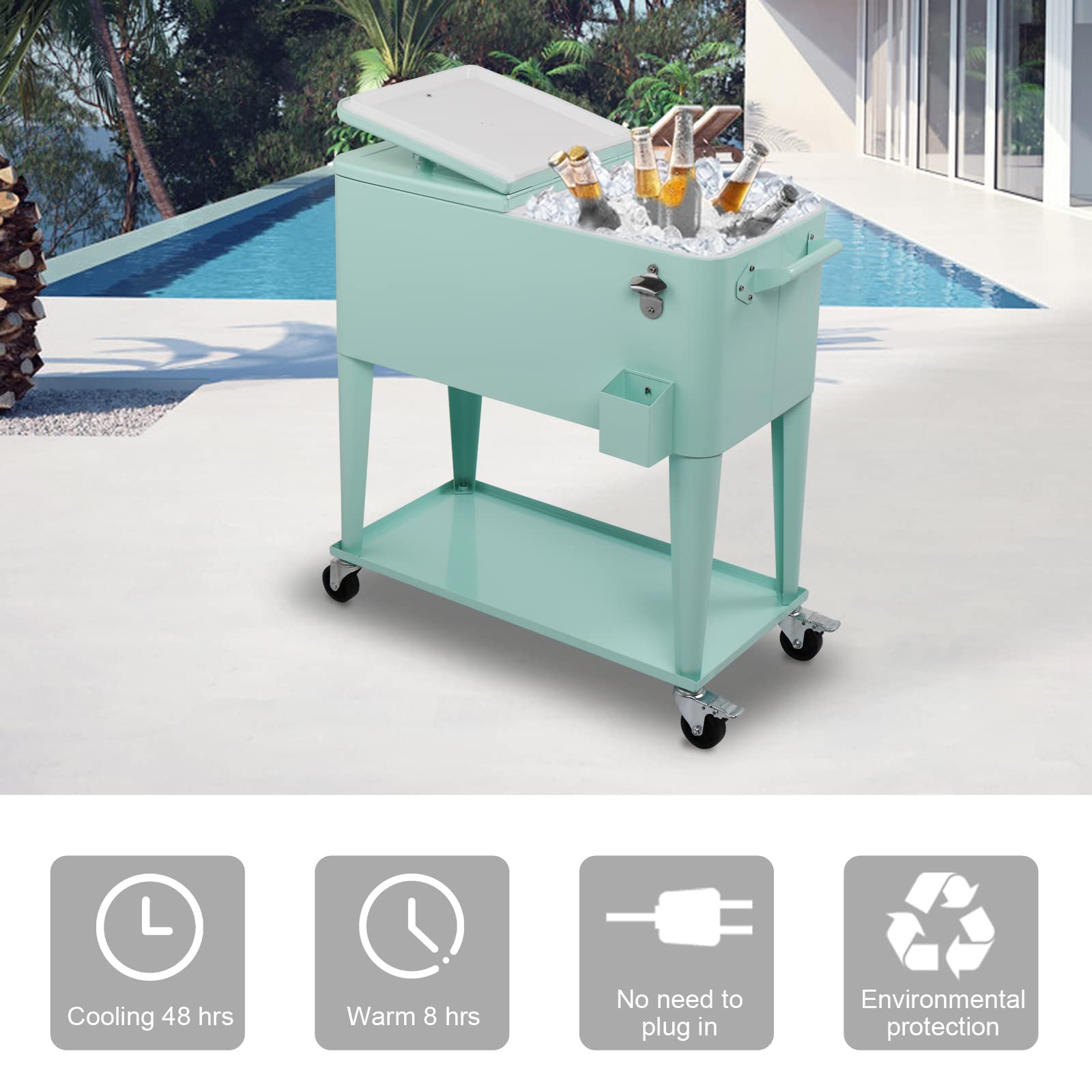 VINGLI 80 Quart Rolling Cooler with Wheels - Portable Outdoor Party Ice Chest for Drinks, Beverage Cooler Cart with Shelf, Bottle Opener & Water Pipe - Perfect for Backyard BBQs, Beach Trips, Camping and Tailgating Parties
