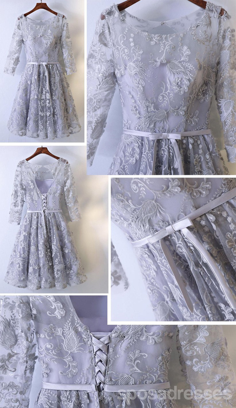 2017 Gray Lace Long Sleeve Round Neck Prom Dress with Corset Back - Affordable Homecoming Party Dress for Women - Perfect for Formal Dances, Weddings & Special Occasions - CM250