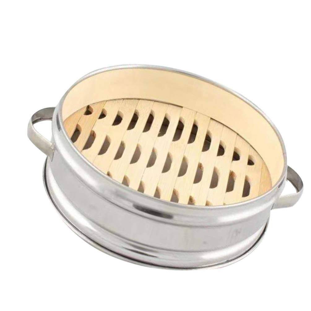YARNOW 2 Tier Bamboo Steamer Basket with Stainless Steel Rim - 9.5 Inch Non-Stick Asian Cooking Steamer for Dim Sum, Dumplings, Vegetables, Meat & Seafood - Perfect for Home Kitchens & Restaurants