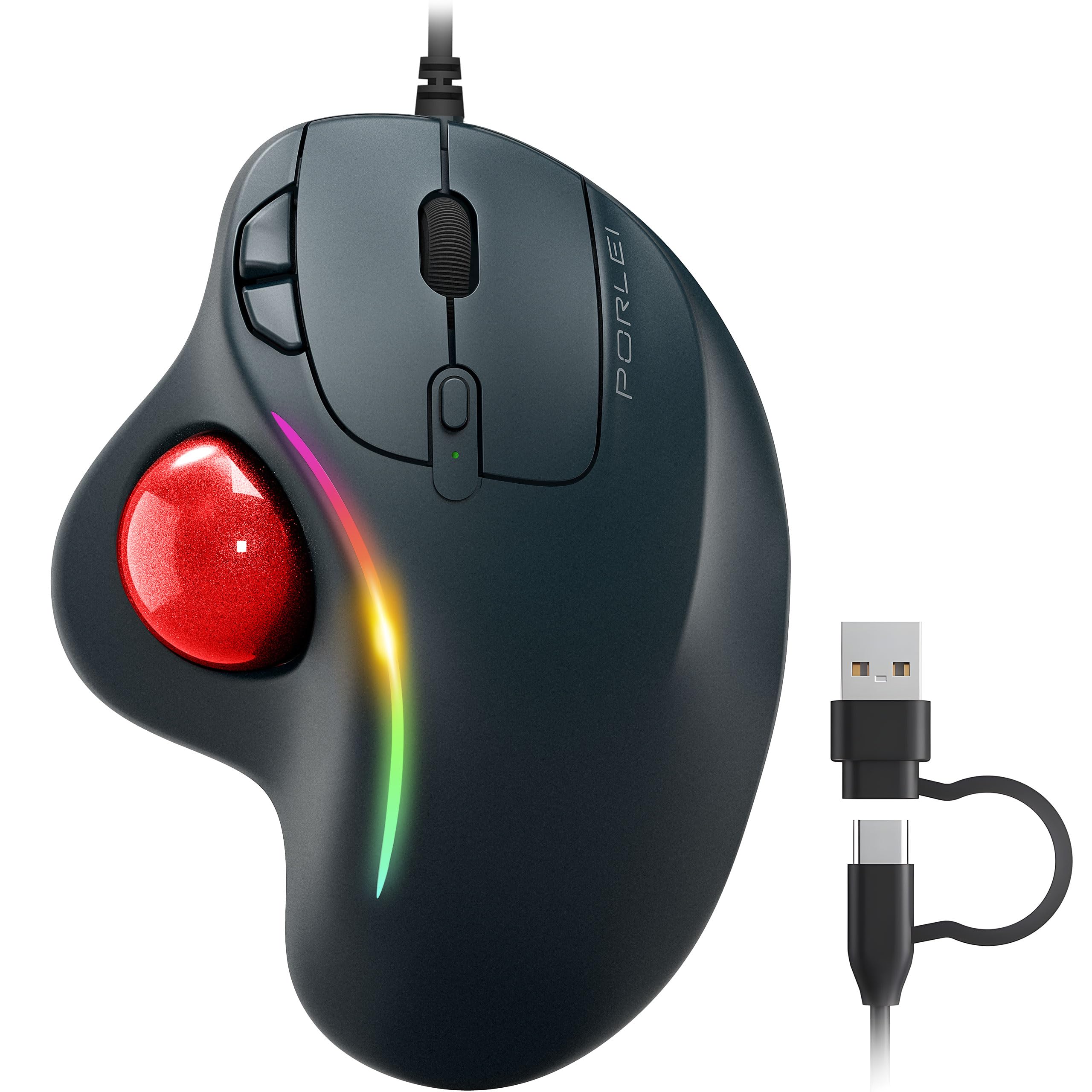 RGB Wired Trackball Mouse - Ergonomic Comfort Design Reduces Wrist Strain, Thumb Control with 5 Adjustable DPI (800-4000) for Precise Tracking - Compatible with PC, Laptop, Mac (Windows/macOS) - Perfect for Gaming, Office Work & Graphic Design