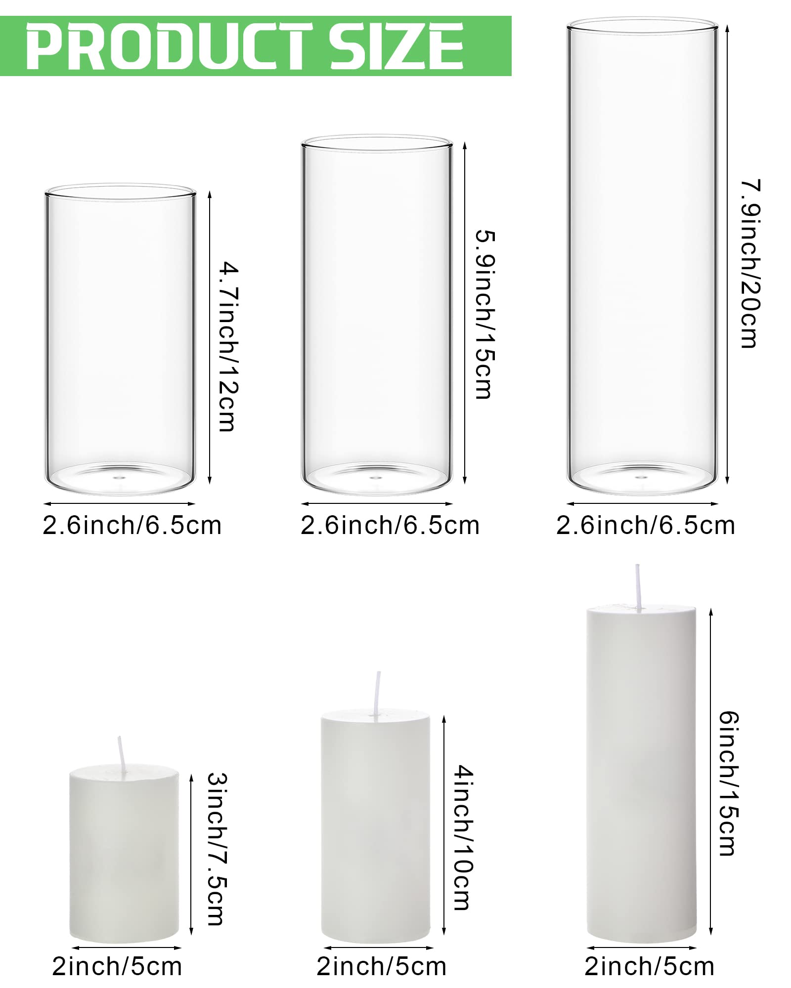 Shihanee 36-Piece Pillar Candle Set with Glass Cylinder Vases - 18 Sets (2.6'' x 4.7'', 5.9'', 7.9'') in Clear & White - Perfect for Wedding Centerpieces, Home Decor, and Romantic Ambiance Lighting