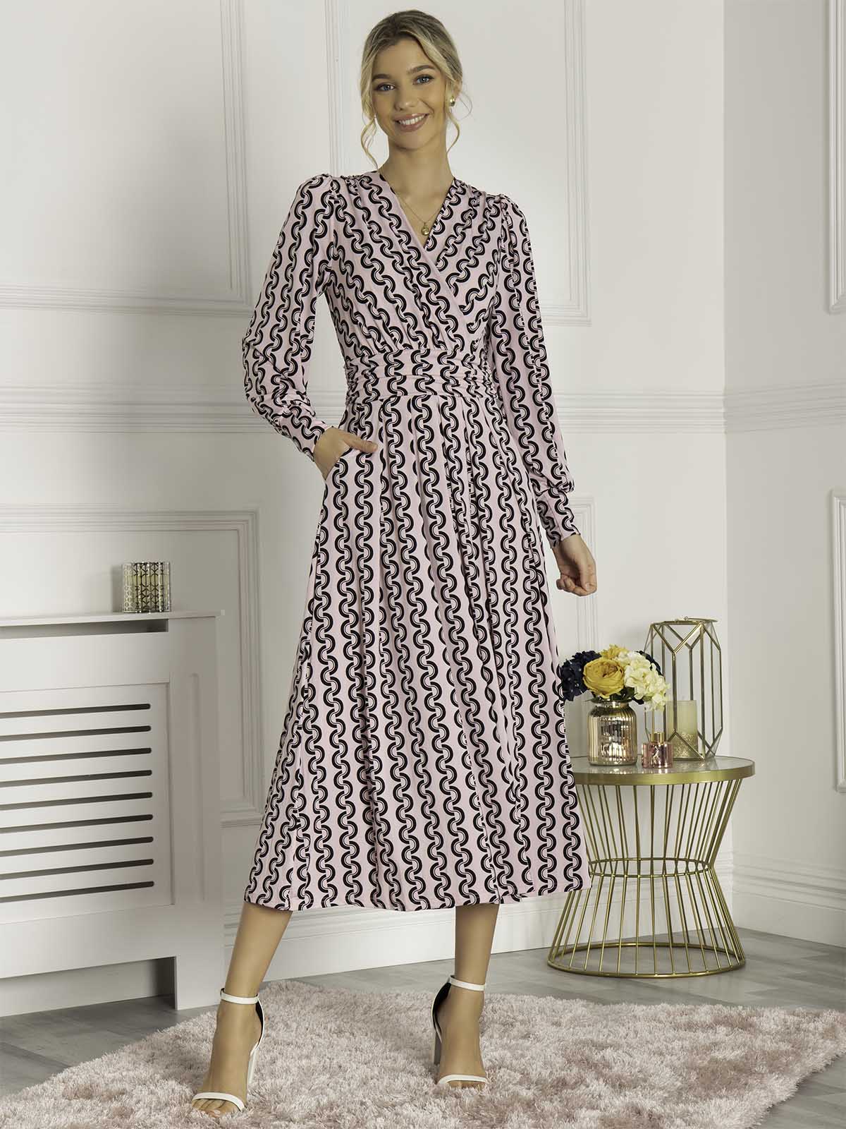 NANCY Long Sleeve Maxi Dress - Pink Geometric Print Flowy Women's Dress for Casual Wear, Parties & Special Occasions