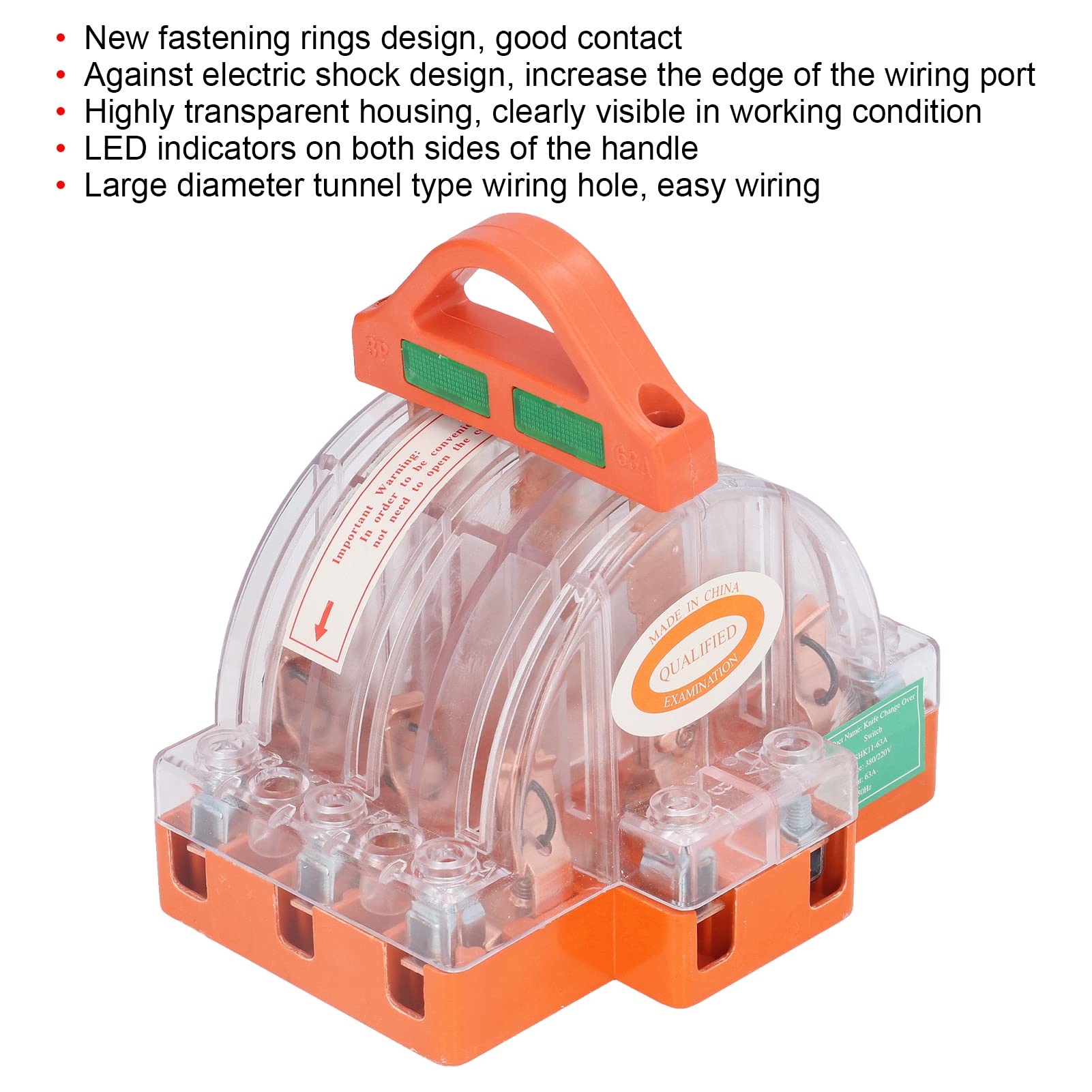63A AC380V 3 Pole Disconnect Knife Switch with LED Indicator - Transparent Safety Switch for Generator & Power Supply Control - Industrial Electrical Safety Equipment for Power Distribution & Emergency Shutoff