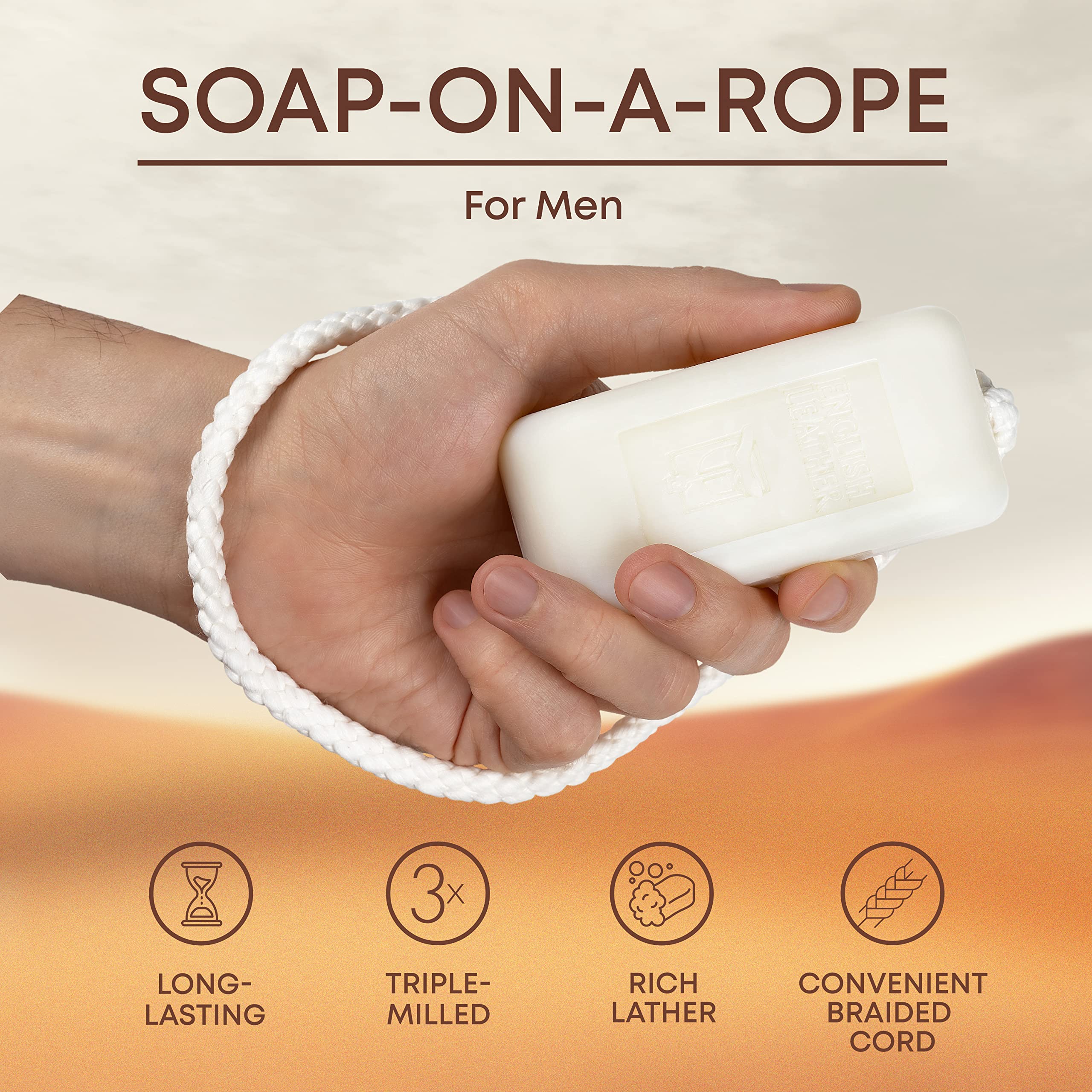 Premium English Leather Scented Soap on Rope for Men - Gift Set with Natural Ingredients, Long-Lasting Fragrance & Exfoliating Grit - Perfect for Shower, Gym, Travel & Luxury Bath Experience