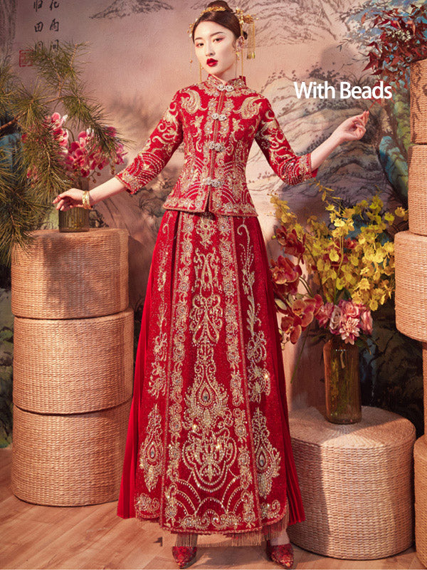 Exquisite Beaded Embroidered Wedding Qun Kwa Dress with Pleated Skirt - Traditional Chinese Bridal Gown for Wedding Ceremony & Photoshoot