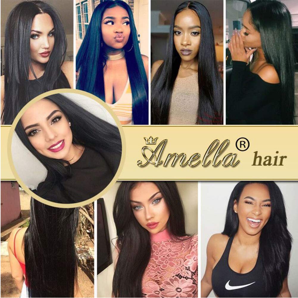 Amella Brazilian Virgin Hair Straight 3 Bundles with 4x4 Closure - 100% Human Hair Weave Bundles Natural Black (16