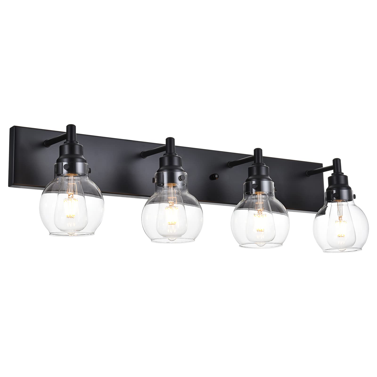 WULLUX 4-Light Black Modern Vanity Lighting Fixture with Clear Globe Glass - Up & Down Wall Sconce for Bathroom Mirror, Kitchen, Hallway (E26 Base) - Perfect for Makeup Vanity, Dressing Room & Home Decor