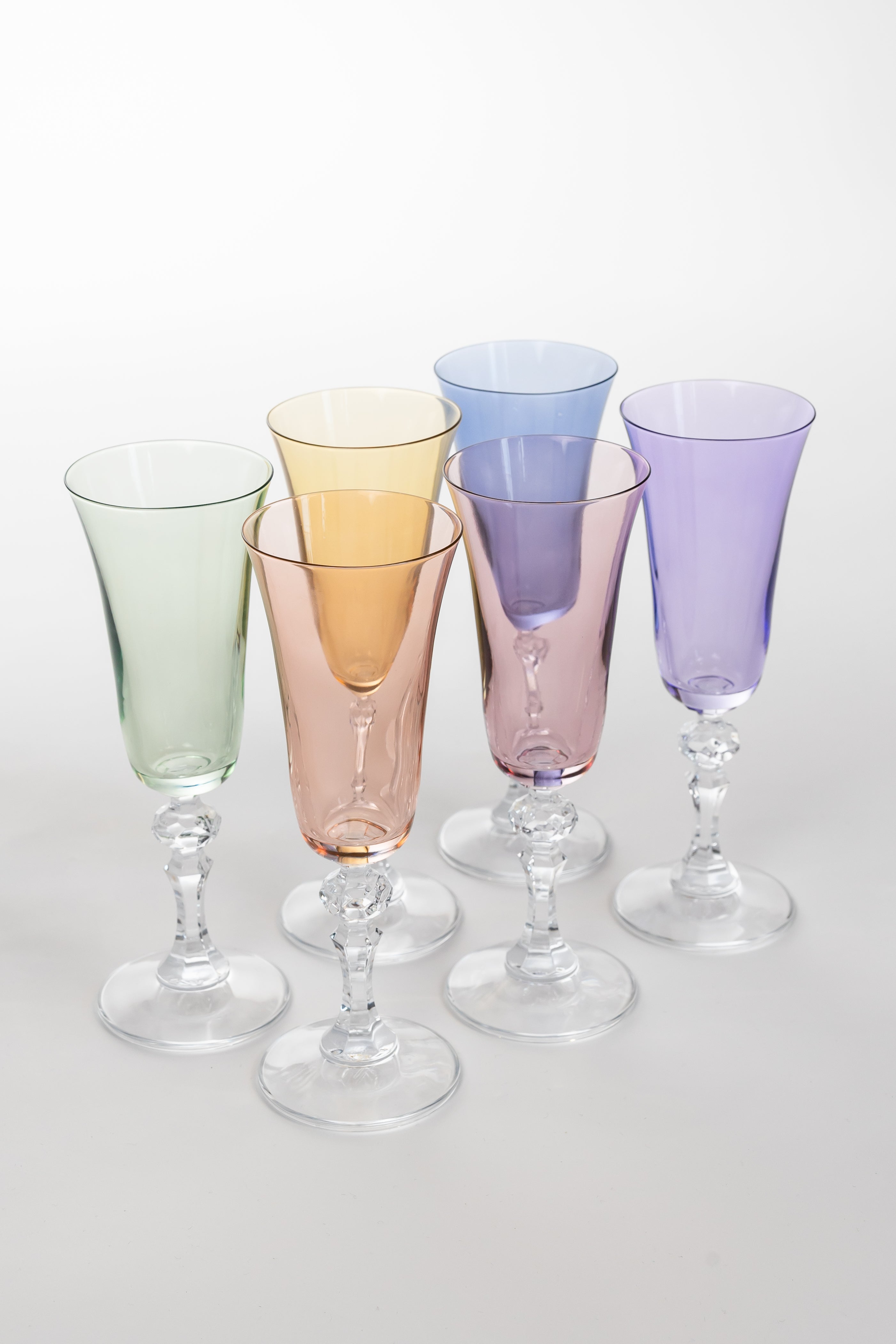 Elegant Estelle Colored Regal Flute Glasses with Clear Stem - Set of 6 Pastel Mixed Colors for Wedding, Party & Champagne Celebrations