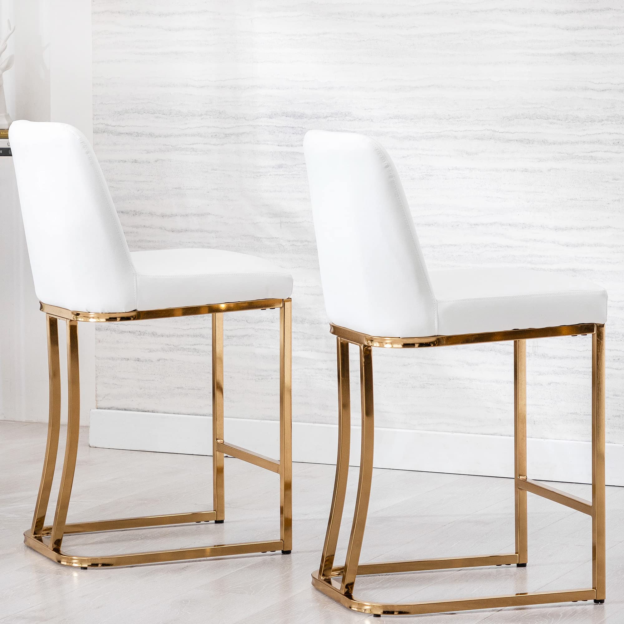 Modern Counter Height Bar Stools Set of 2 - 24 Inch PU Leather Upholstered Kitchen Island Stools with Golden Metal Frame, White - Perfect for Breakfast Nook, Home Bar, Dining Room & Kitchen Counter Seating