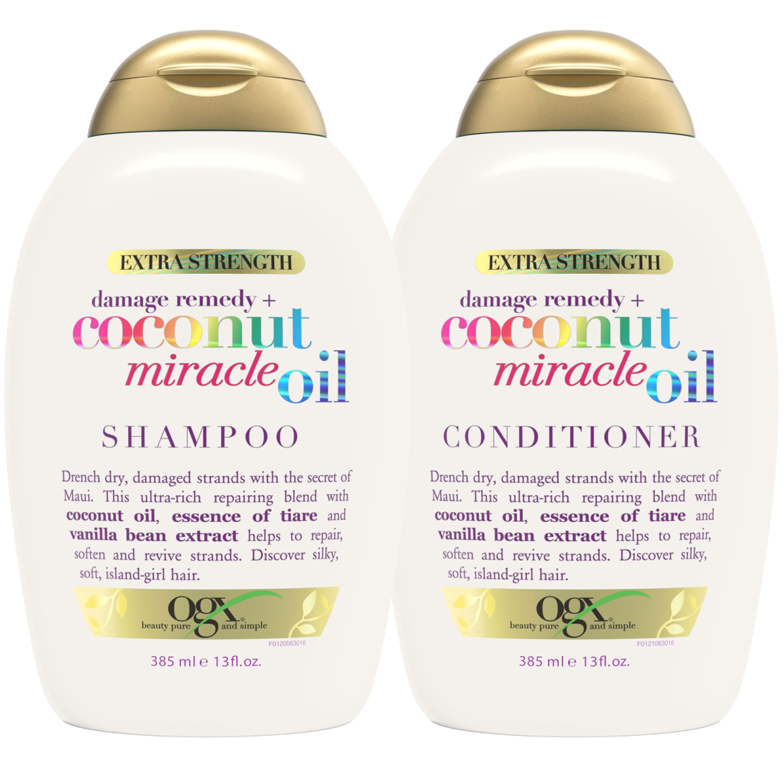 OGX Extra Strength Damage Remedy + Coconut Miracle Oil Shampoo & Conditioner Set - Hydrating & Taming for Dry, Frizzy, Coarse Hair - Paraben & Sulfate Free - 13 Fl Oz (2 Pack) - Perfect for Damaged Hair Repair & Daily Hydration