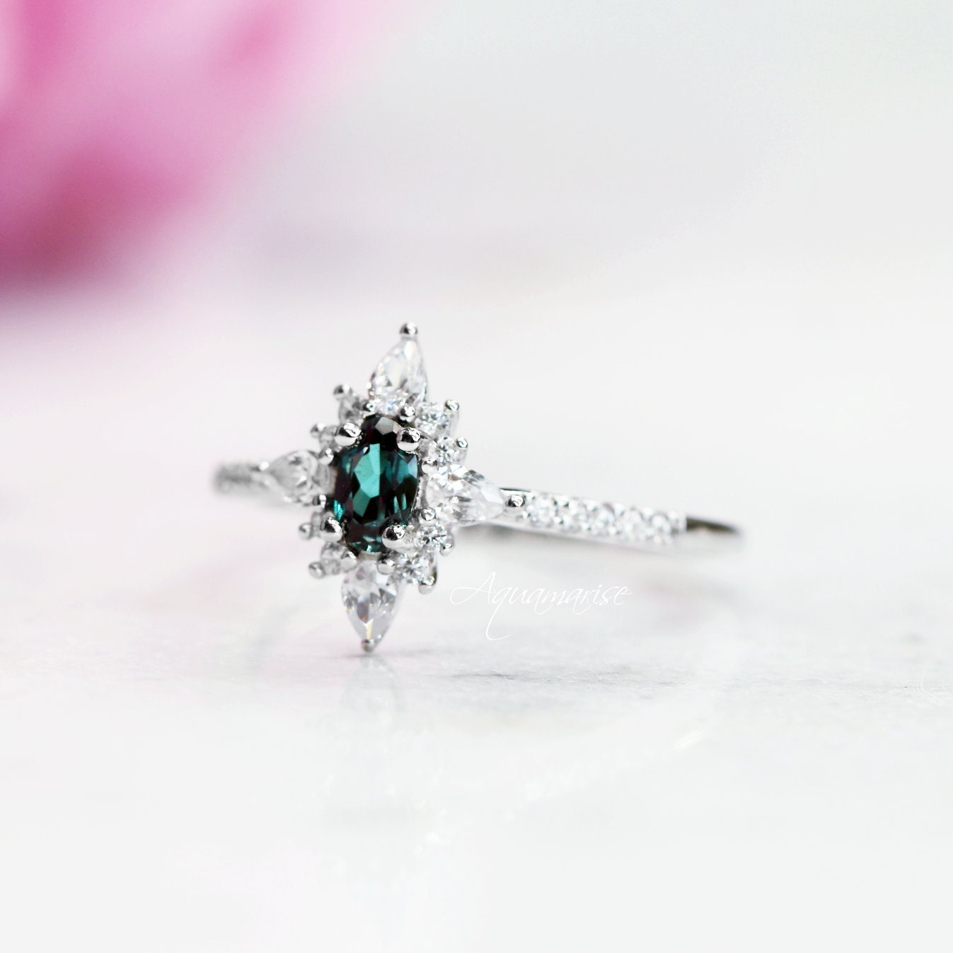 Starburst Alexandrite Engagement Ring 14K White Gold - Elegant Wedding Band for Women, Unique Gemstone Jewelry for Proposals & Anniversaries