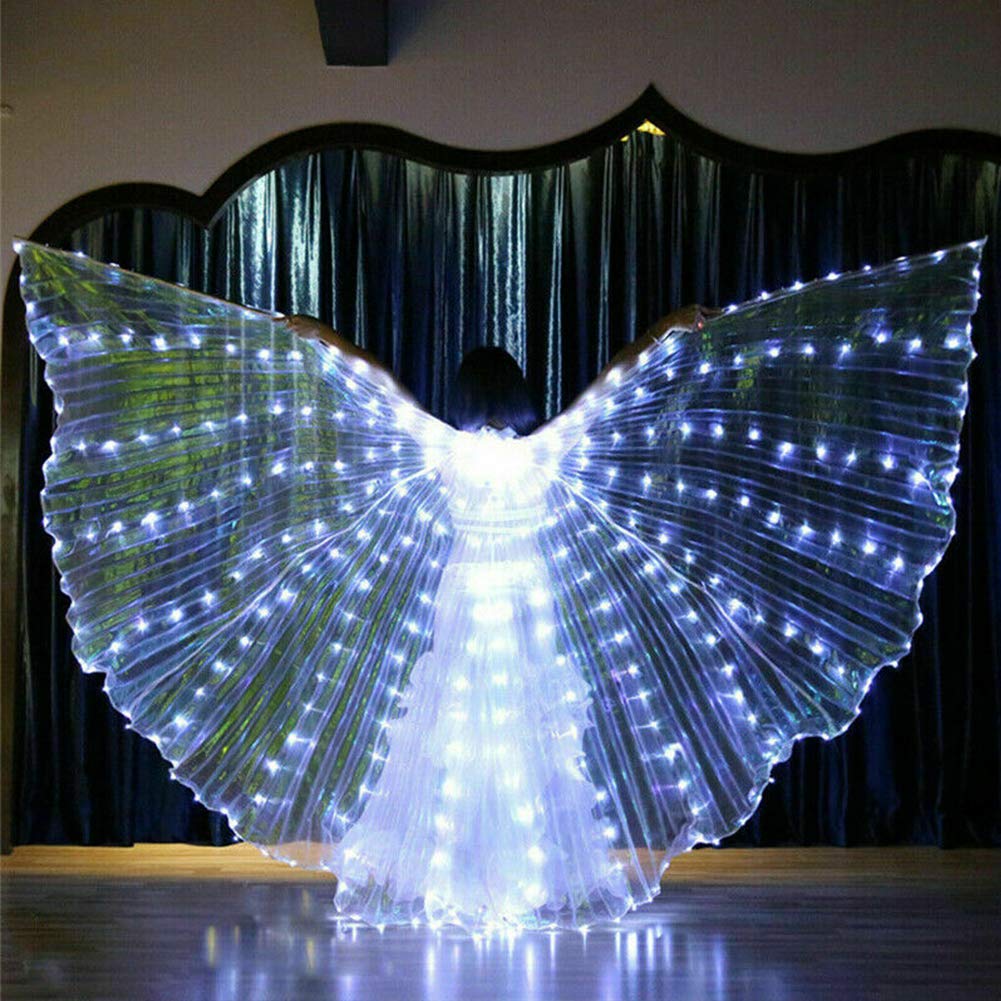 LED Isis Wings Glow Light Up Belly Dance Costume with Stick - Performance Clothing for Carnival, Halloween & Stage Shows - Large White LED Belly Dance Wings for Night Performances & Festive Events