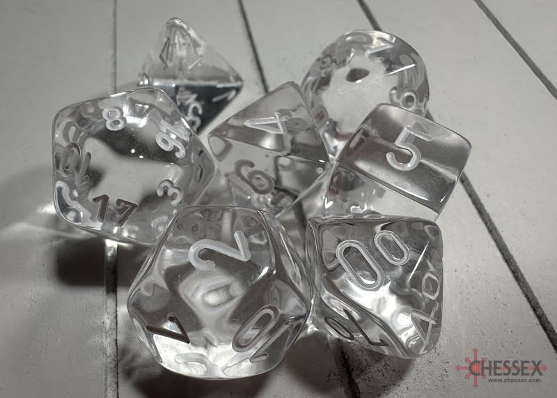 Chessex Translucent Dice Set - 7-Piece Clear with White RPG Polyhedral Dice for D&D, Pathfinder & Tabletop Gaming - 1.8 Inch Diameter