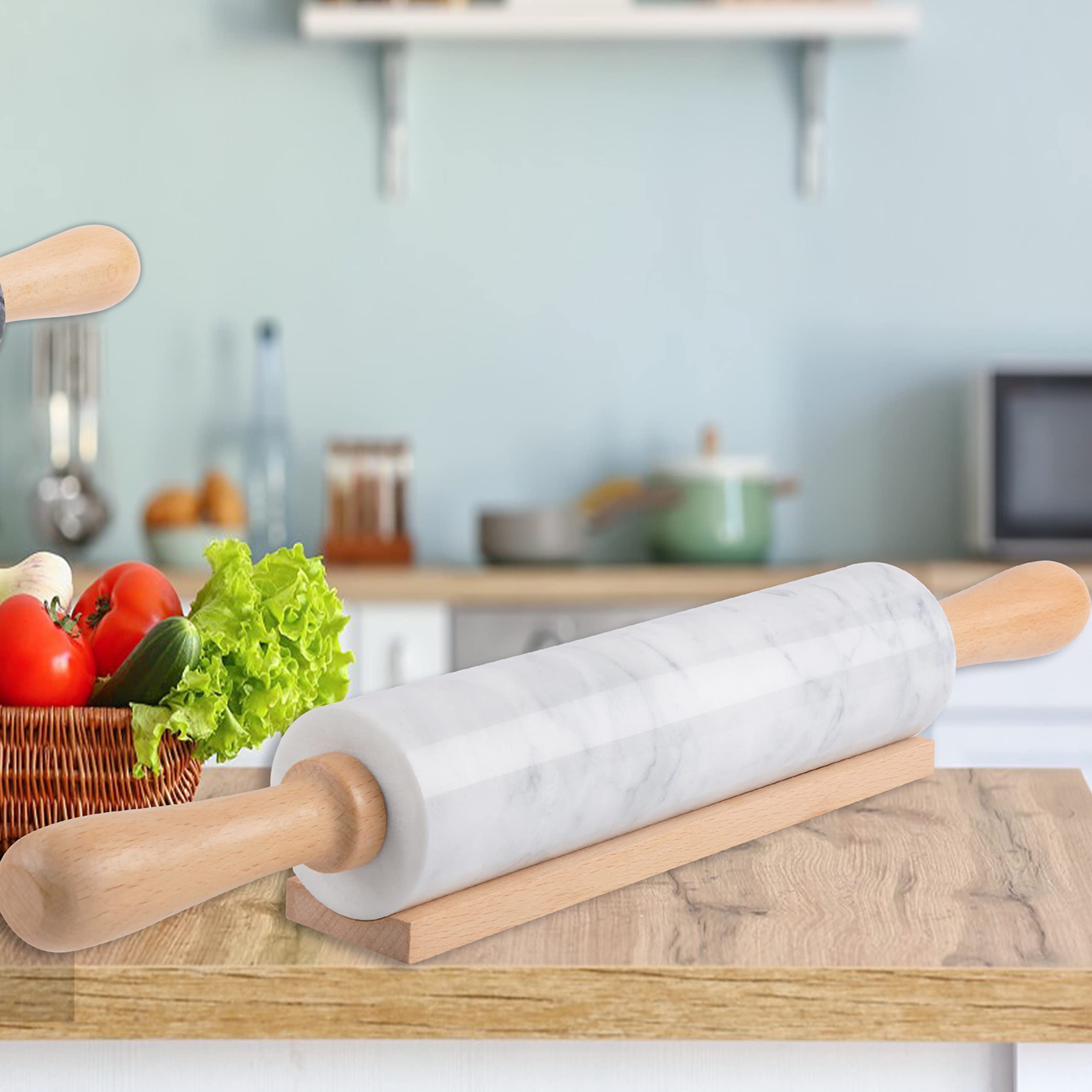 Premium 18.5 Inch White Marble Rolling Pin with Wooden Cradle - Thick Handle Baking Roller for Pizza Dough, Fondant, Pie Crust - Non-Stick Surface & Easy to Clean - Perfect for Home Baking, Pastry Making & Cookie Decorating