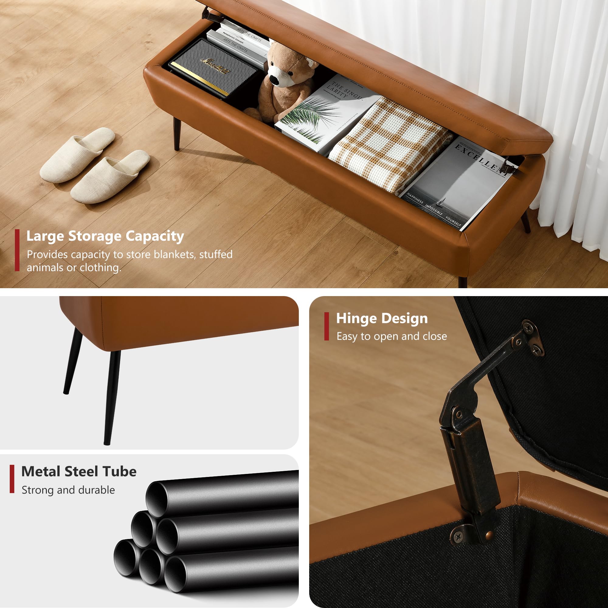 Mid-Century Modern Faux Leather Storage Ottoman Bench with Steel Legs & Safety Hinges - 660 lb Capacity - Brown Tufted Footrest for Living Room, Bedroom, Entryway - Perfect for Extra Seating & Hidden Storage