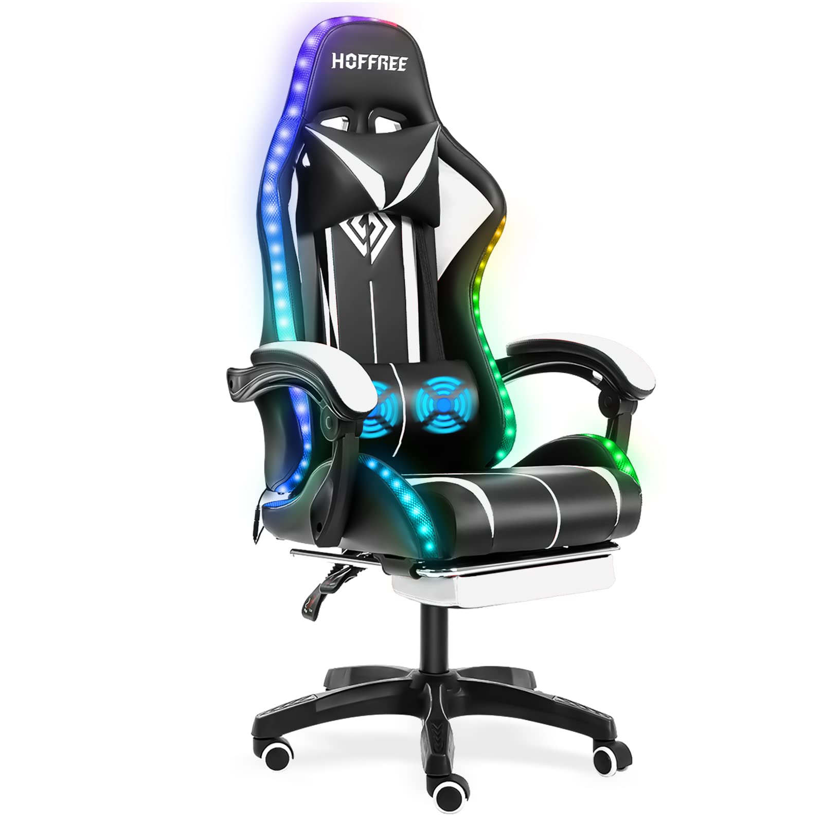 RGB Gaming Chair with LED Lights & Massage - Ergonomic High Back Computer Chair with Adjustable Lumbar Support, Footrest & Linkage Armrest - White & Black for Esports, Streaming & Home Office Setup