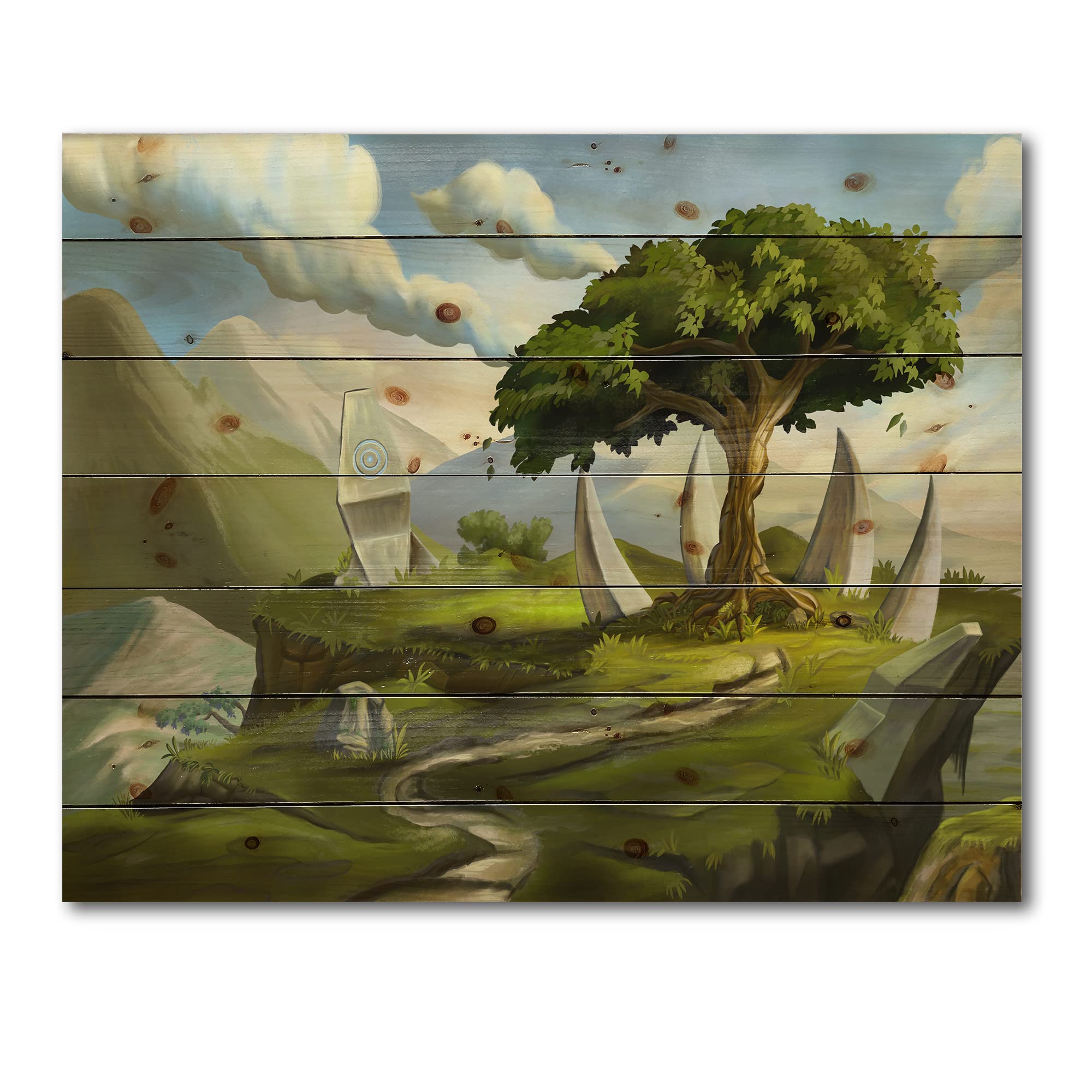 Fantasy Landscape Sacred Tree Wood Wall Art - Traditional Green Wood Wall Decor, Large Pine Wood Panel Prints for Living Room, Bedroom & Office Decor