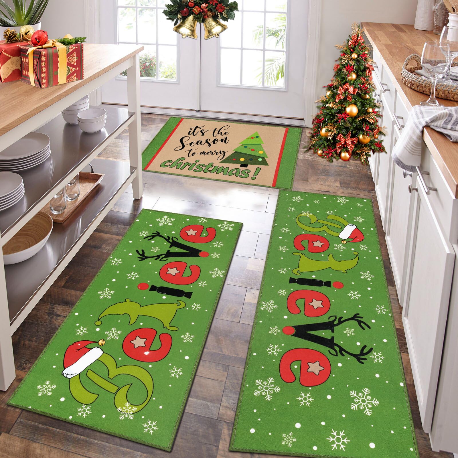 HEBE Christmas Kitchen Rugs Set of 3 - Non-Slip Machine Washable Kitchen Mats for Floors - Soft Holiday Decor for Winter & Xmas - Perfect for Kitchen, Dining Room & Holiday Home Decor