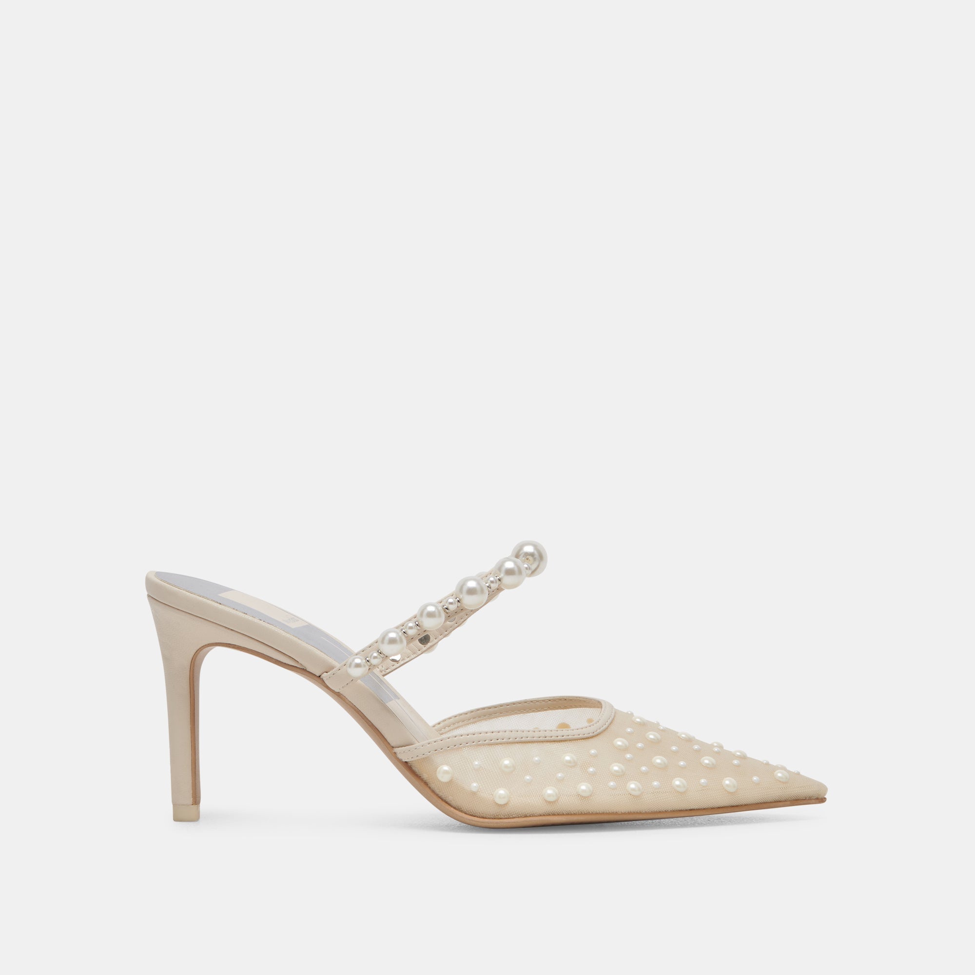KATIK Women's Ivory Pearl Embellished Mesh High Heels - Elegant Evening Shoes for Parties, Weddings & Special Occasions