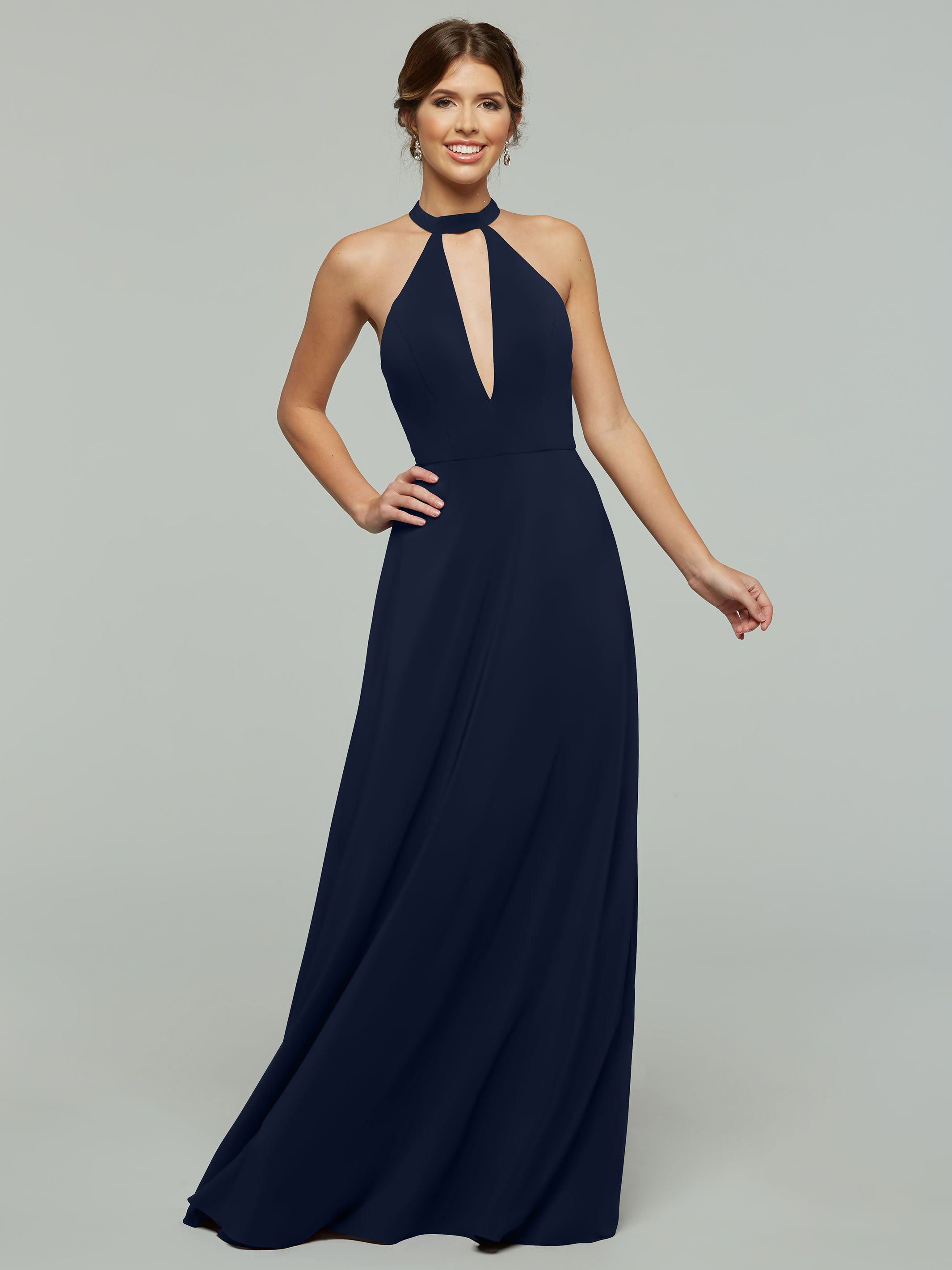 Elegant 80115 Stretch Chiffon A-Line Bridesmaid Dress with Plunging Halter Neckline - Perfect for Weddings, Formal Events & Special Occasions