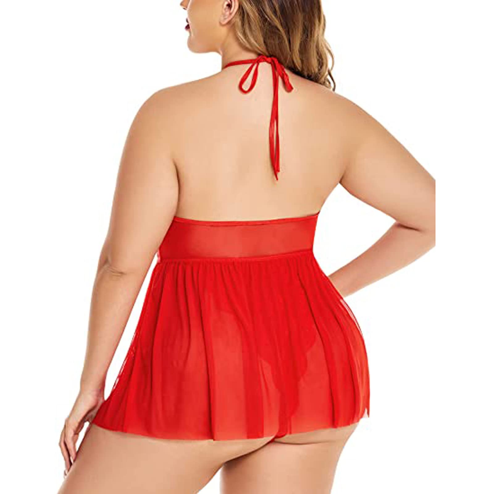Plus Size Lace Chemise for Women - Sexy Mesh Teddy Babydoll Nightdress with Halter Neck & Deep V Neckline | Romantic Sleepwear for Valentine's Day, Anniversary Gifts or Boudoir Photography