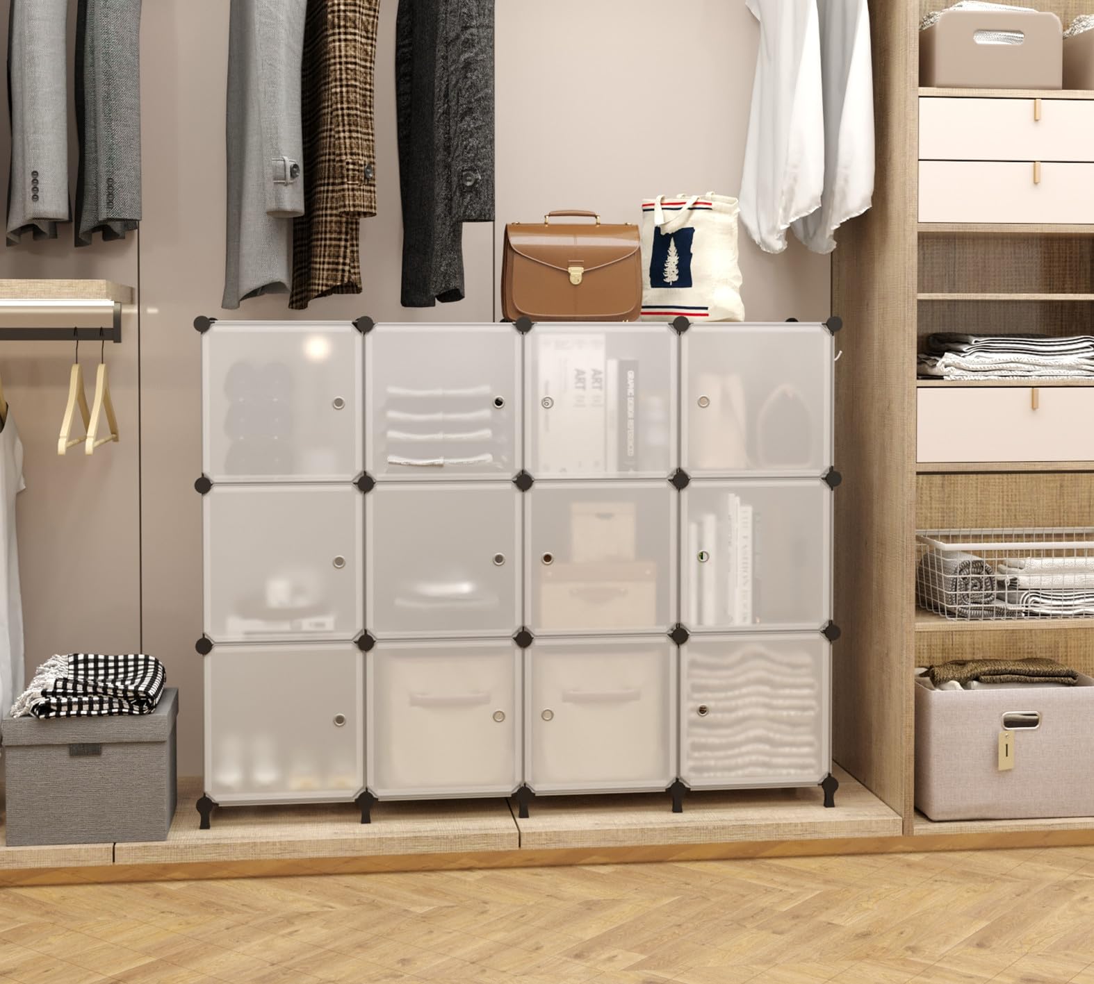 AWTATOS 12-Cube Storage Organizer with Doors - DIY Plastic Closet Shelf & Modular Bookshelf - Stackable Shelving Unit for Bedroom, Living Room, Office - Translucent Organizer for Toys, Books, Clothes (ULPZ011)