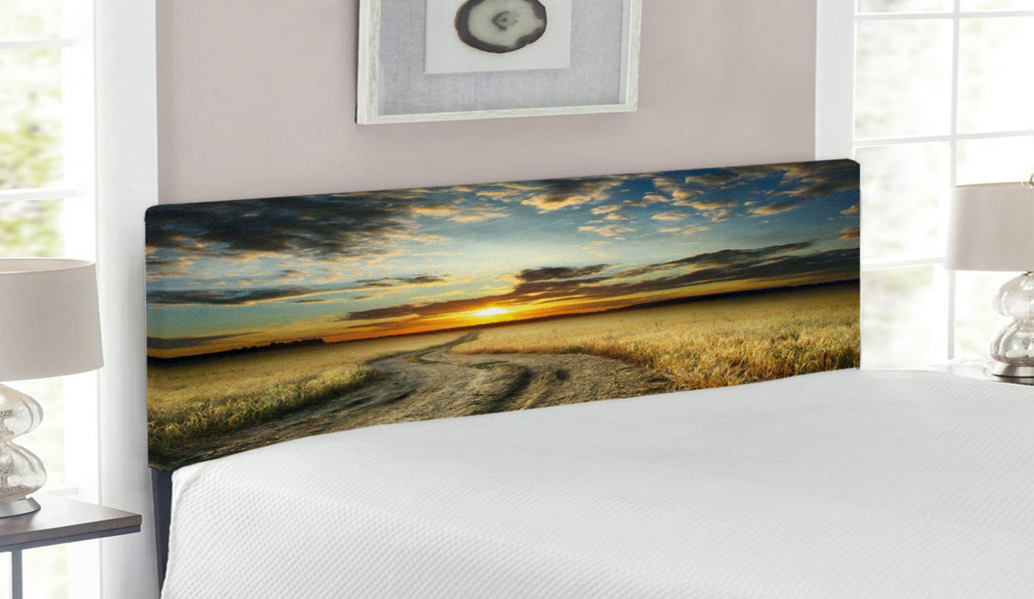 Ambesonne Nature Upholstered Headboard - Queen Size Metal Bed Headboard with Memory Foam, Road in Wheat Field Landscape Under Sunset Sky, Multicolor Decorative Headboard for Bedroom | Perfect for Farmhouse, Rustic & Country Style Home Decor