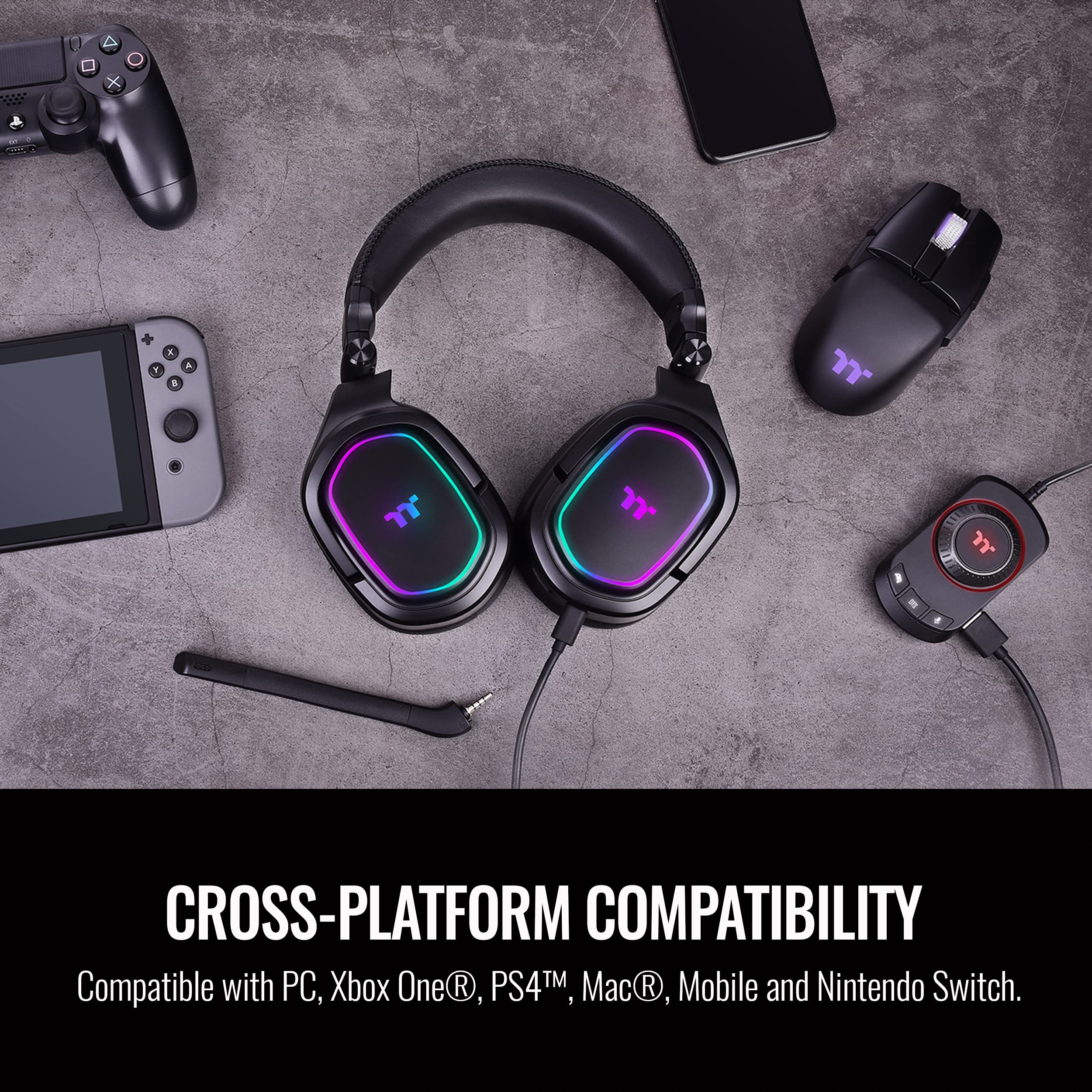 Thermaltake Argent H5 RGB 7.1 Surround Sound Gaming Headset with 50mm Hi-Res Drivers - Compatible with PC, Xbox One, PS4, Mac, Mobile & Nintendo Switch - Black (GHT-THF-DIECBK-31) - Perfect for Competitive Gaming, Streaming & Virtual Meetings