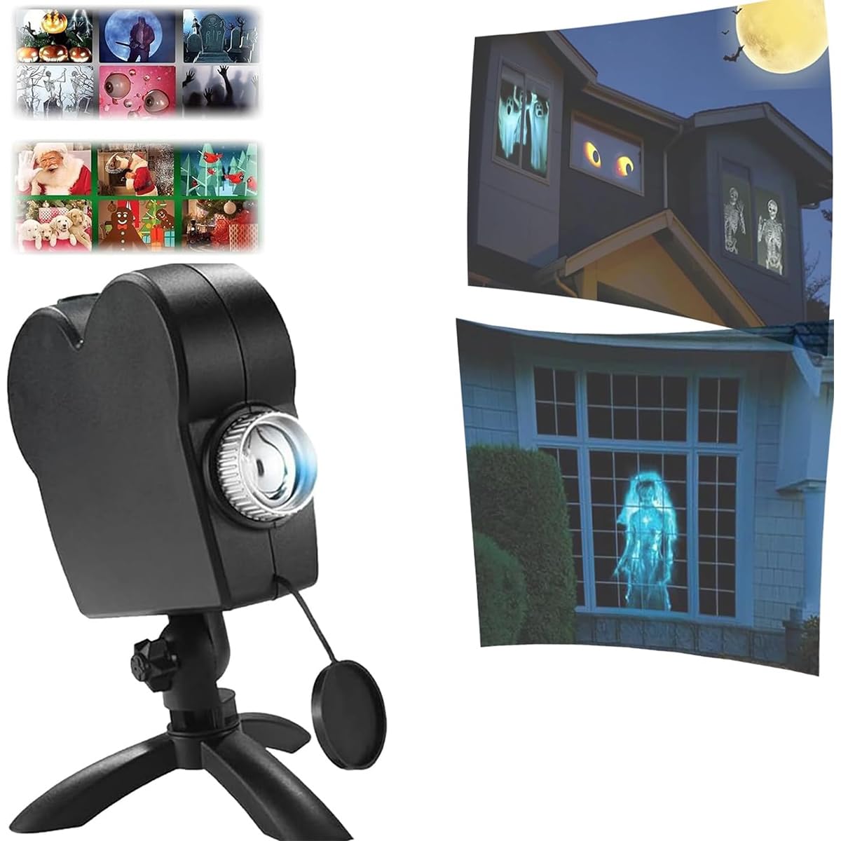 Halloween Holographic Projector with 12 Built-in Movies - Outdoor LED Projector Lights for Halloween & Christmas Decorations - Perfect for Window Displays, Yard Decor, and Holiday Parties