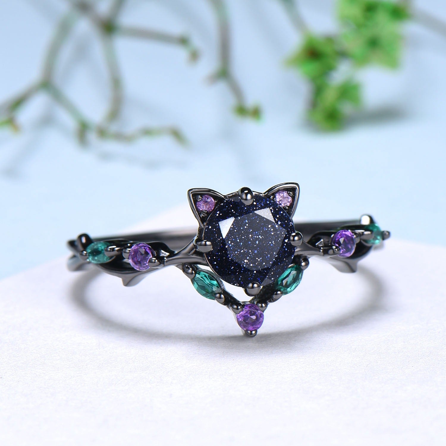 5mm Round Blue Sandstone Vintage Galaxy Starry Engagement Ring - Black Gold Cat Promise Ring with Marquise Emerald - Elegant Wedding Jewelry for Her, Perfect for Proposals, Anniversaries & Special Occasions
