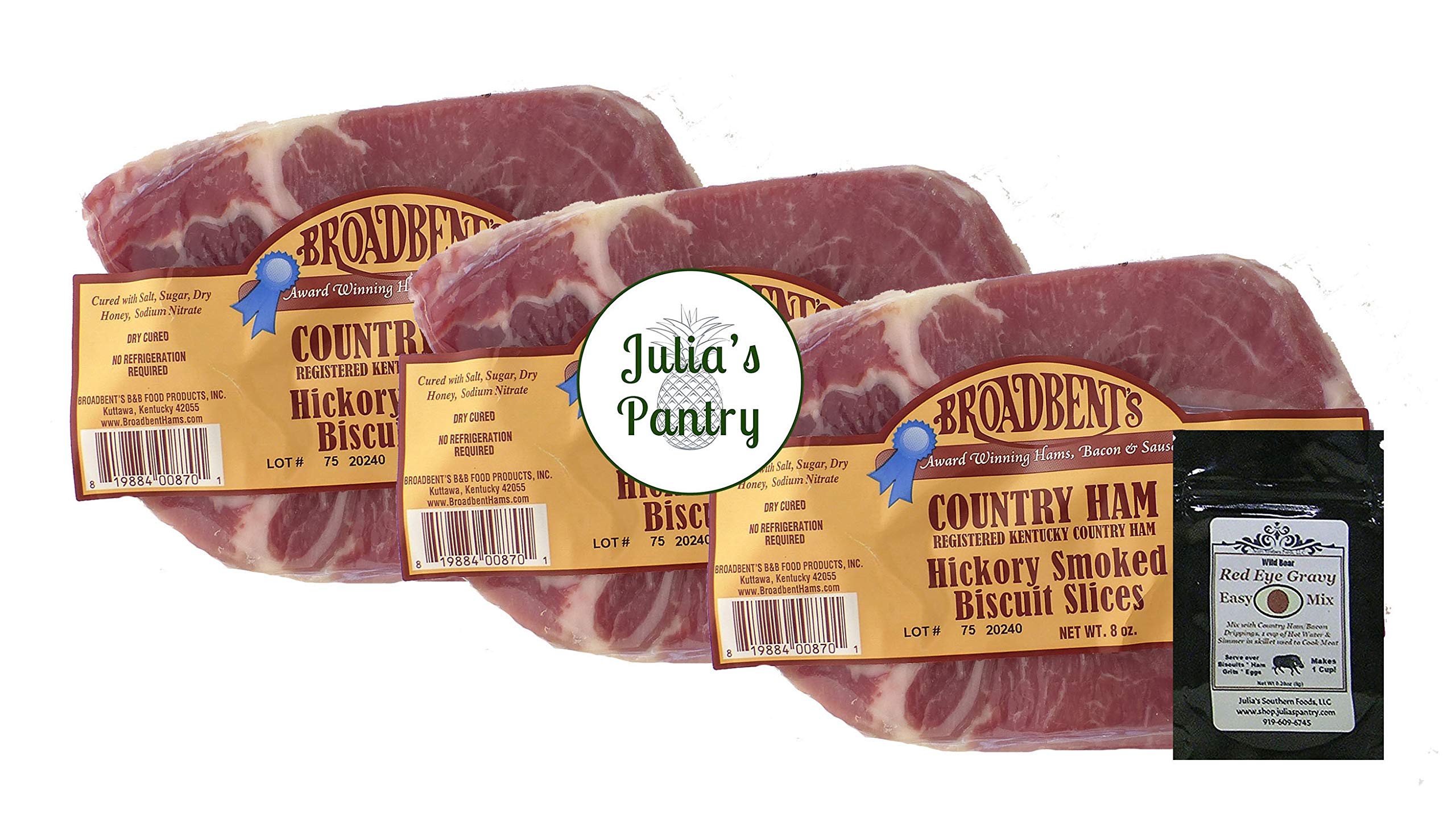 Julia's Pantry Hickory Smoked Country Ham Biscuit Slices - 3 Pack (8oz Each) with Free Red Eye Gravy Sample - Premium Southern Breakfast Meat for Sandwiches, Charcuterie Boards & Holiday Meals