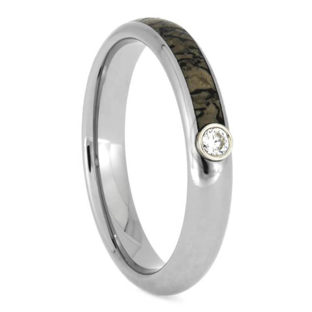 Forever One Moissanite & Dinosaur Bone Titanium Wedding Band Set for Him and Her - Comfort Fit Rings for Anniversary, Engagement & Couple Jewelry Gifts
