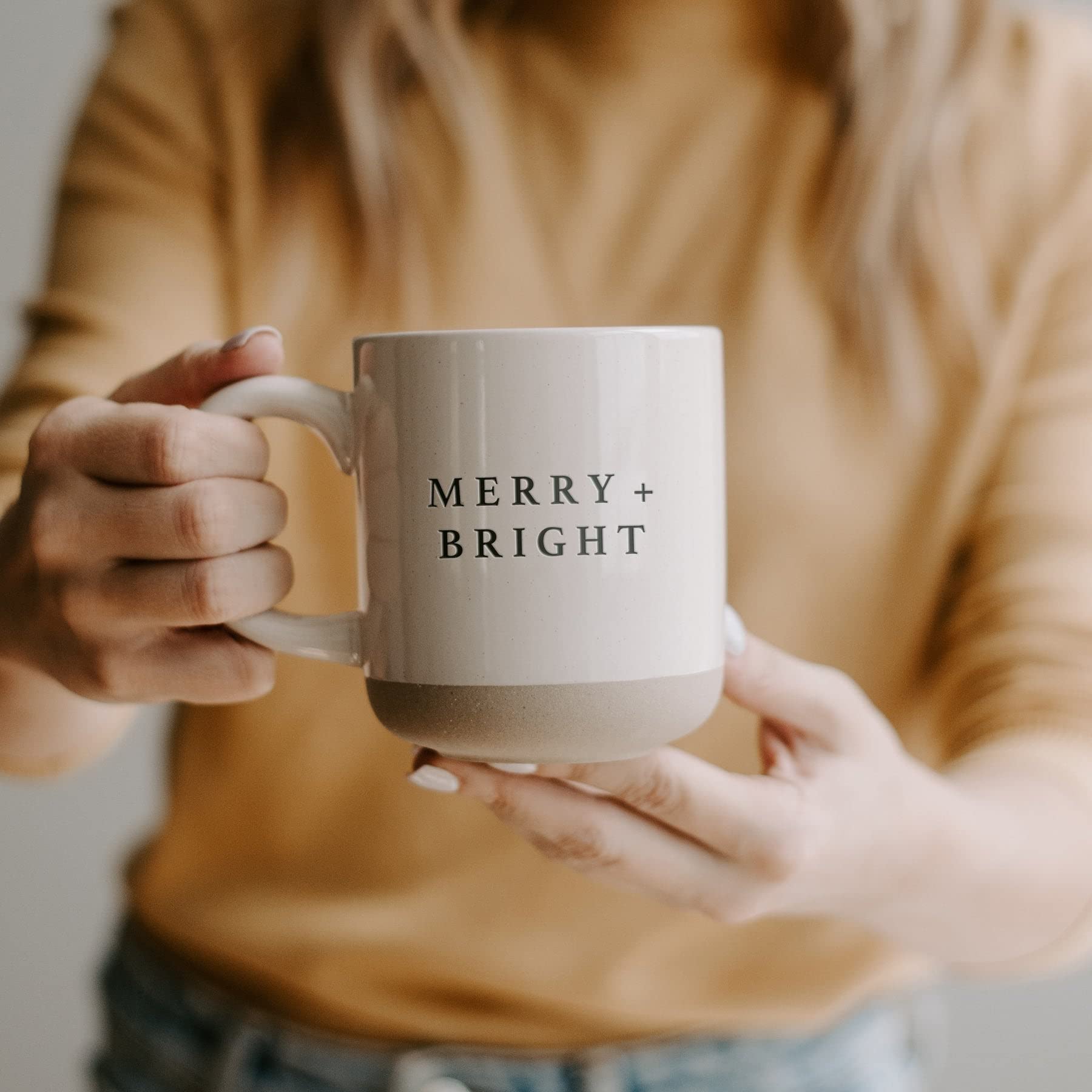 Sweet Water Decor Merry & Bright Stoneware Coffee Mug - 14oz Christmas Novelty Cup | Microwave & Dishwasher Safe Holiday Gift for Coffee Lovers | Perfect for Hot Cocoa, Tea & Office Use