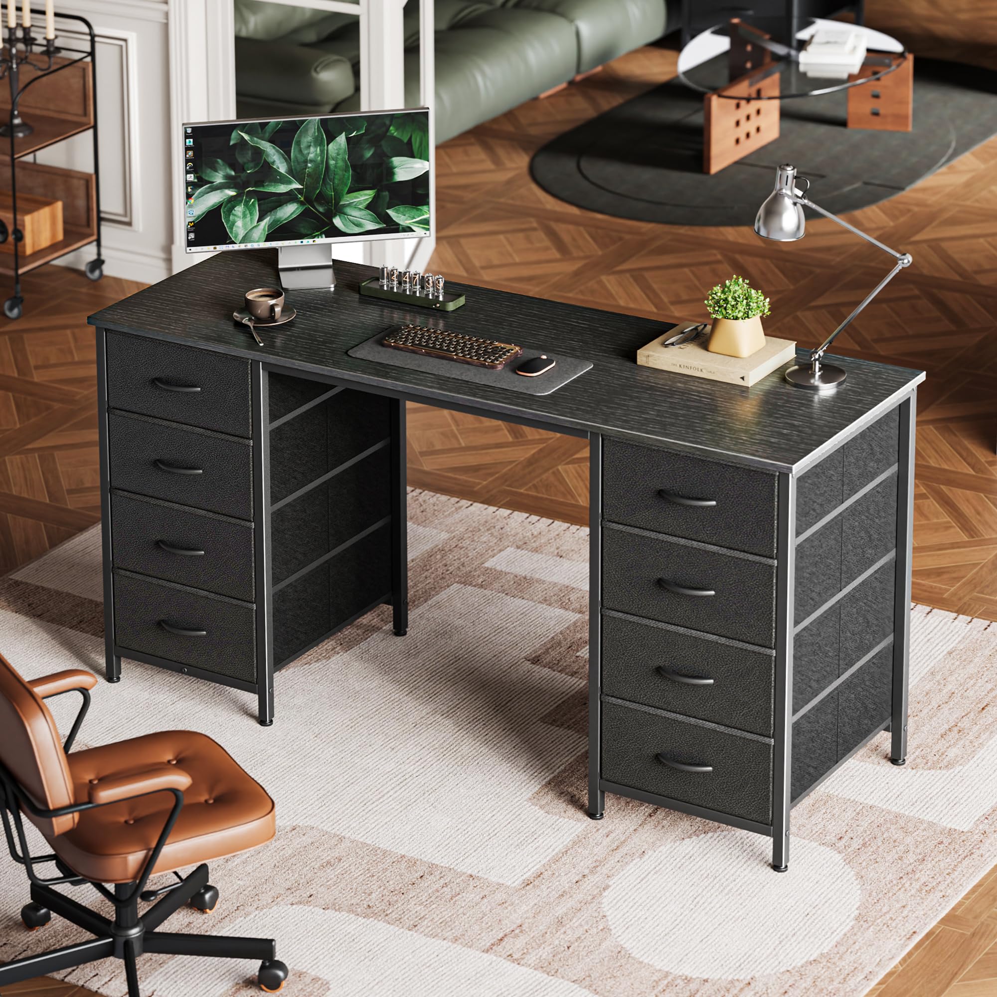 Huuger 55 Inch Computer Desk with 8 Fabric Drawers - Large Home Office Desk for Work, Study & Gaming - Black Storage Desk with Drawers | Perfect for Small Spaces, Remote Work & Gaming Setups