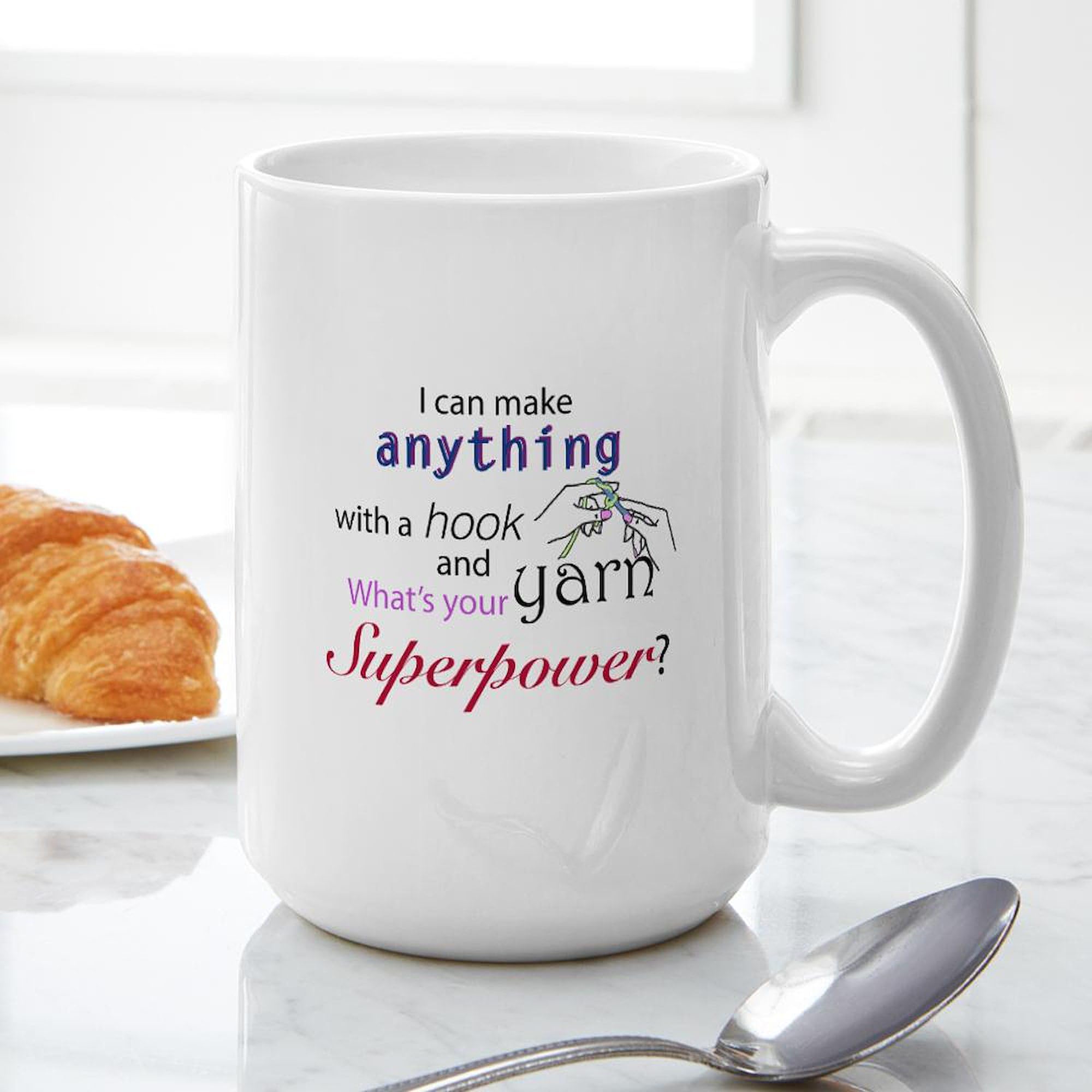 Crochet Superhero Large Coffee Mug - 15 oz. White Ceramic Cup for Tea & Hot Drinks - Perfect for Superhero Fans, Office Use & Gift Giving
