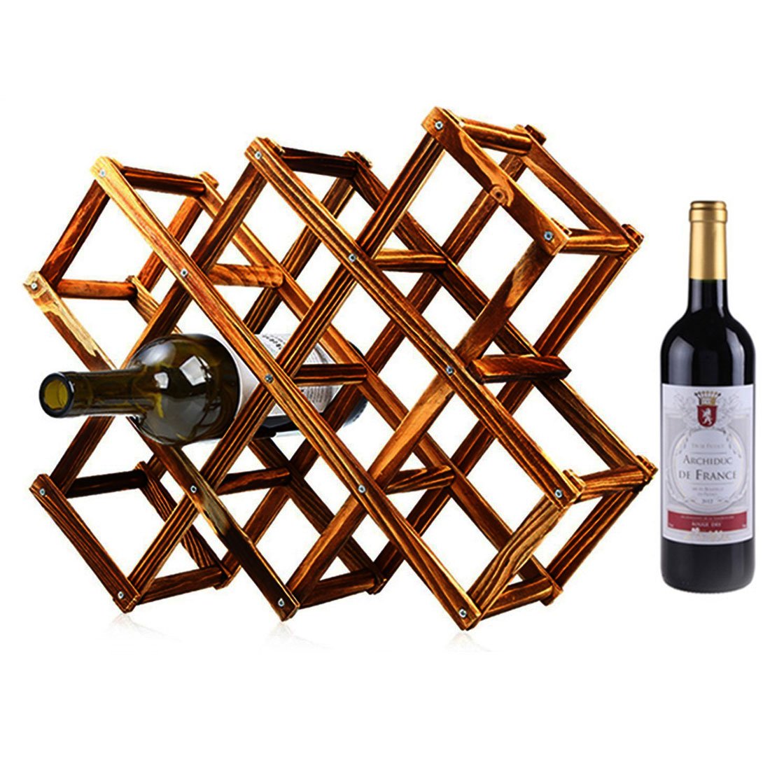 Levoberg Wooden Foldable Wine Bottle Rack - Countertop & Cabinet Storage Holder for 10 Bottles (Carbonized Finish) - Perfect for Kitchen, Bar, Dining Room & Wine Cellar Organization