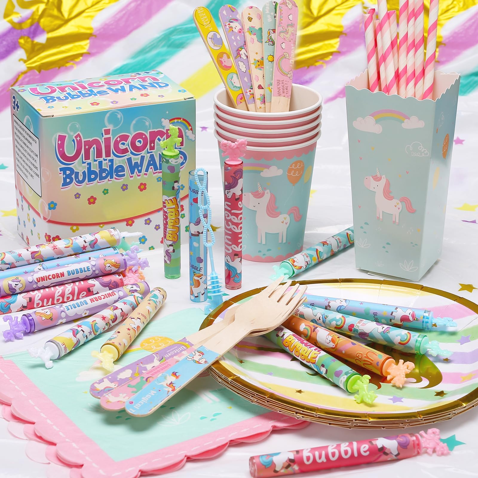 32 Pack Mini Unicorn Bubble Wands with Stickers - Pastel Party Favors for Kids, Birthday Decorations, Carnival Prizes, Goody Bag Fillers - Perfect for Girls' Birthday Parties, Baby Showers & Outdoor Play