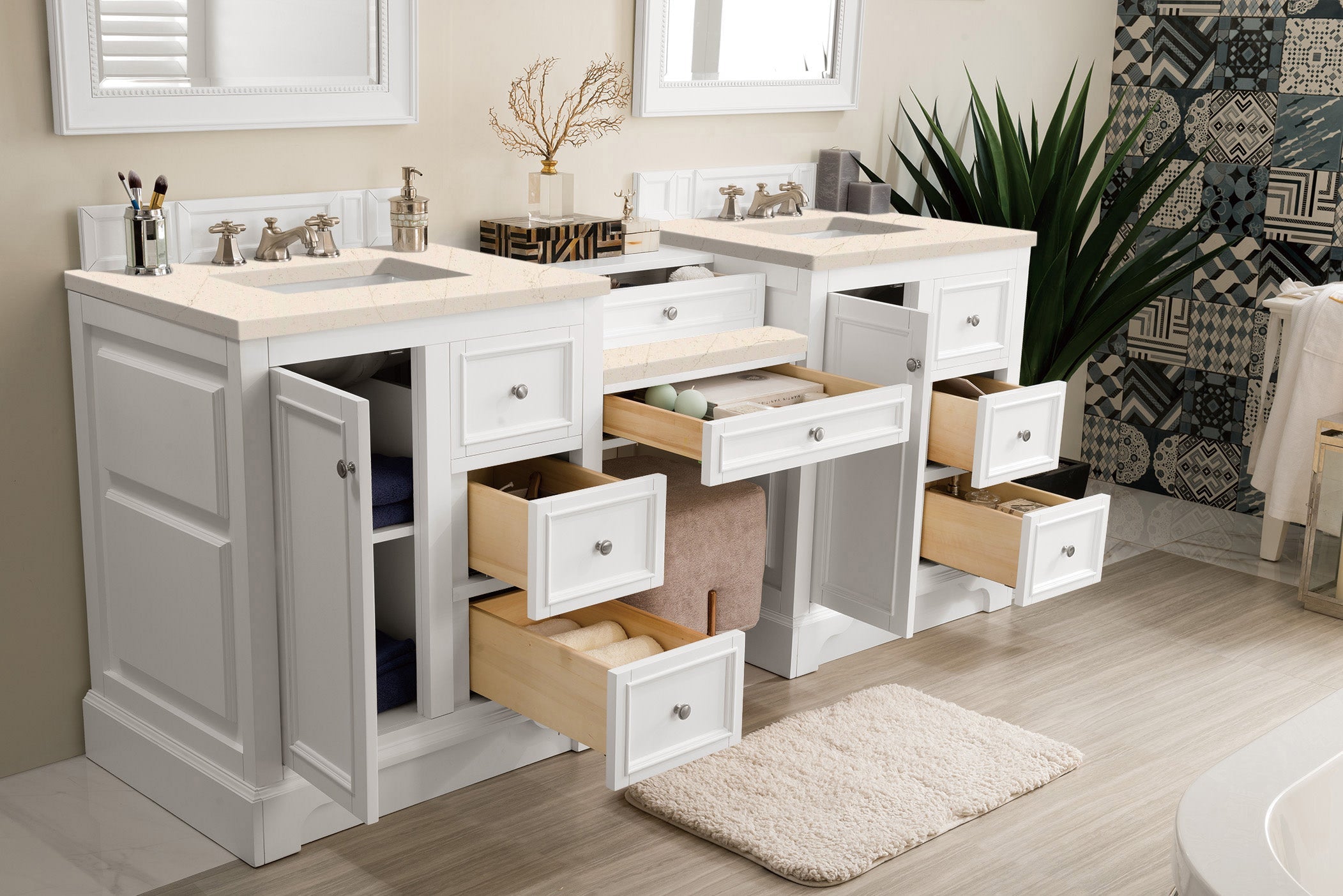 De Soto 82 Inch Double Vanity Set with Makeup Table - Bright White Finish & 3CM Eternal Marfil Quartz Countertop - Perfect for Master Bathroom & Luxury Home Renovation