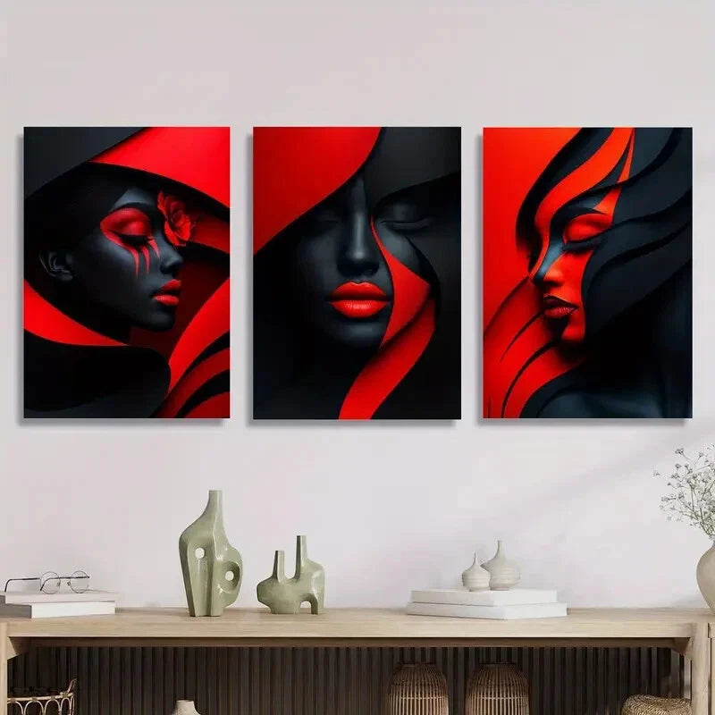 3Pcs Geometric Red Makeup Poster - Metal Print Wall Art Ready to Hang | Modern Home Decor for Living Room, Bedroom & Office