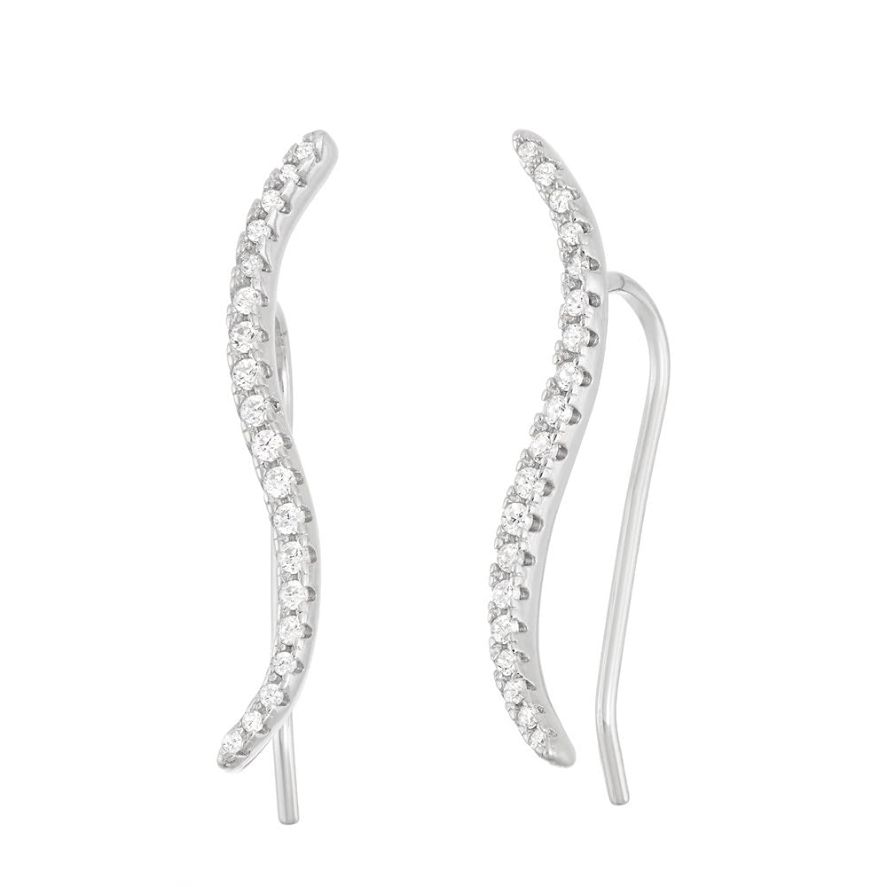 925 Sterling Silver Clear CZ Thin Wave Climber Earrings - Elegant Dangle Earrings for Women, Perfect for Parties, Weddings & Everyday Wear