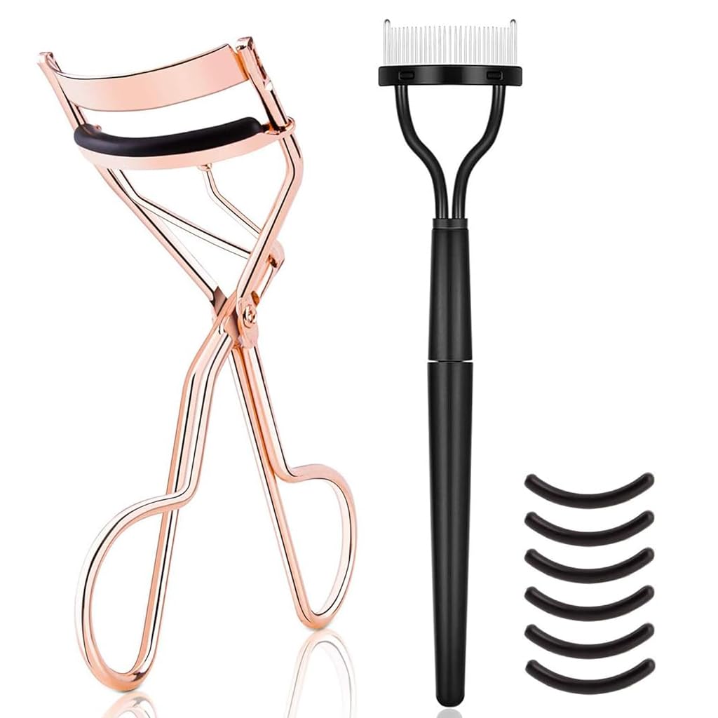 MAYCREATE® Professional Eyelash Curler Kit for Women - Metal Lash Curler with Folding Separator Comb & 6 Replacement Rubber Pads - Perfect for Daily Makeup, Salon Use, and Travel Beauty Essentials