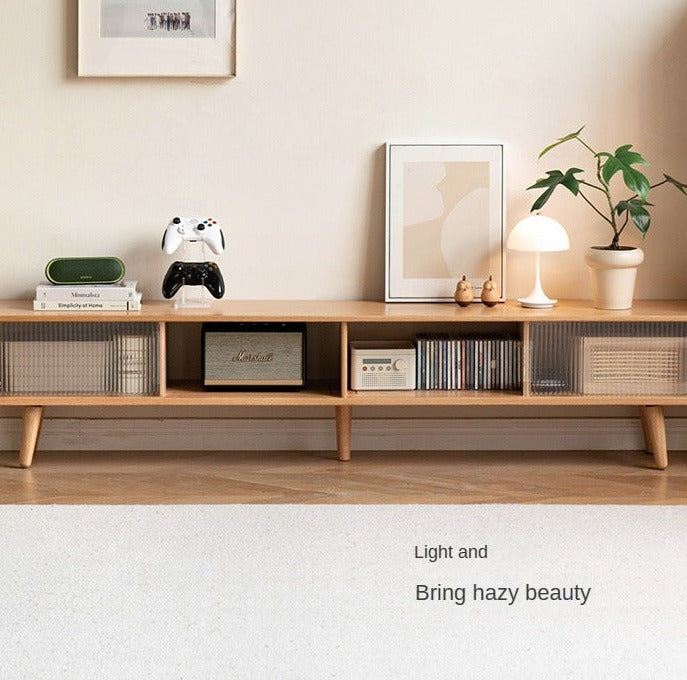 Solid Oak Wood TV Stand with Glass Sliding Doors - Rustic Rubber Wood Entertainment Center for Living Room, Bedroom & Home Theater