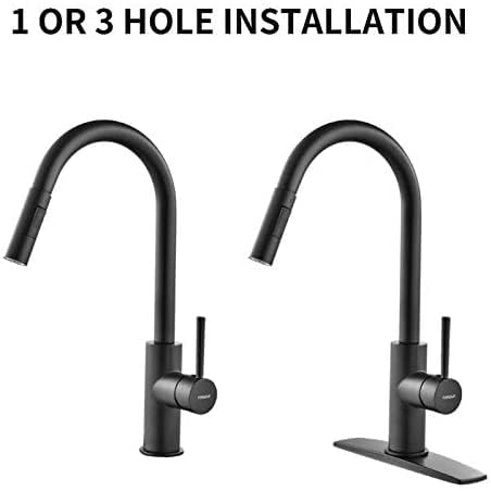 FORIOUS Black Stainless Steel Kitchen Faucet with Pull Down Sprayer - High Arc Gooseneck Modern Sink Faucet, Single Handle Design with CUPC Ceramic Cartridge & Deck Plate for Easy Installation - Perfect for Home Kitchen, Restaurant, and Commercial Use