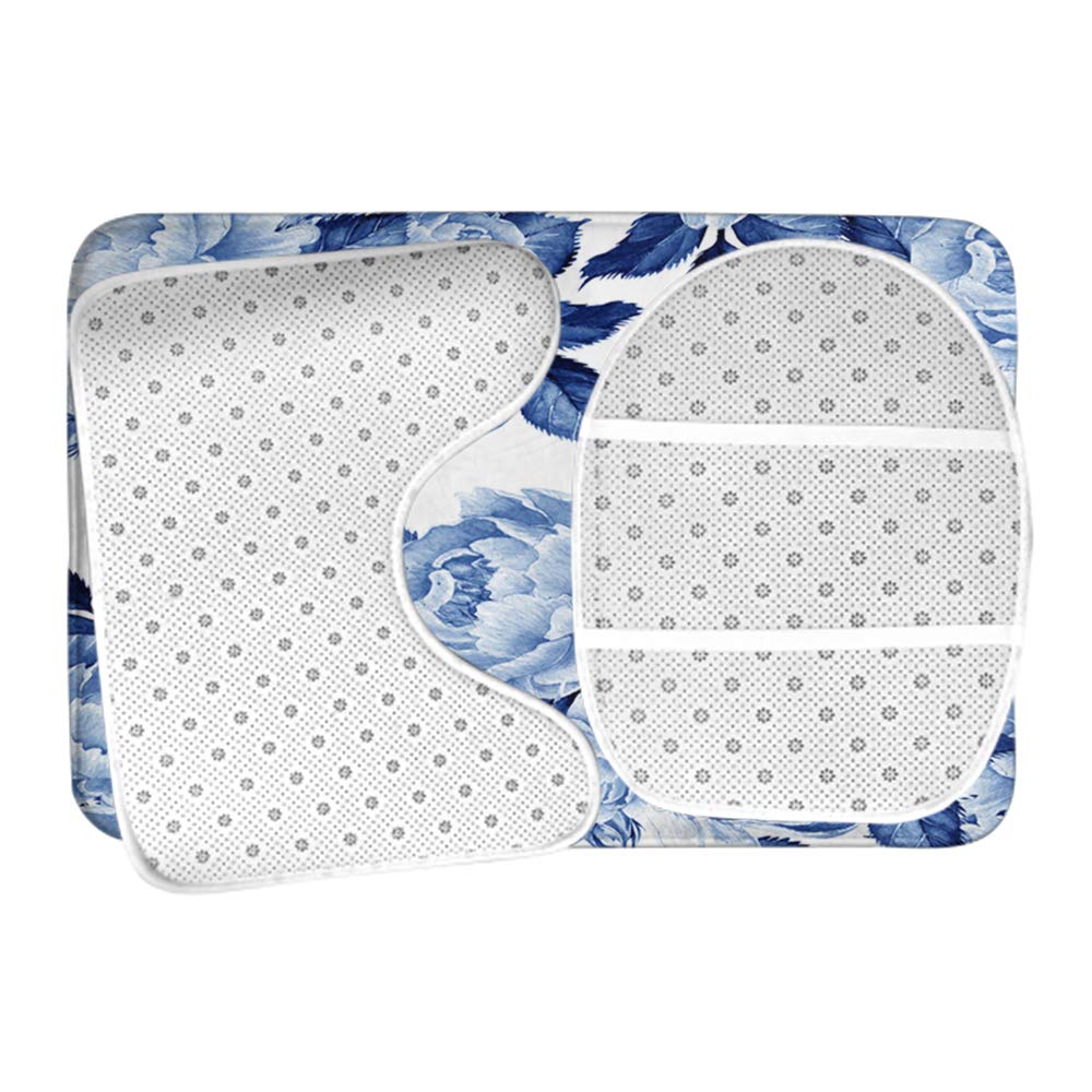 Blue Rose Bath Mat Set - Watercolor Blue Ink Peony Floral Design, Non-Slip Bathroom Rug with Toilet Lid Cover (3-Piece) | Soft & Absorbent for Bathroom, Shower, Vanity Area